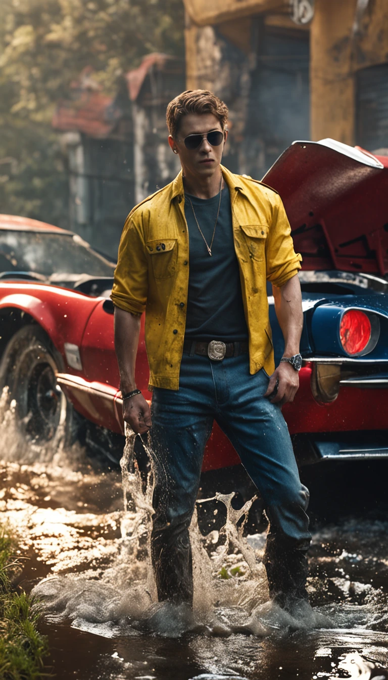 An American man,white short sleeve,Blue strappy jeans,White sneakers,Hold a water hose in your hand,Muddy water splashed,Wash the yellow Ferrari sports car,ultra-realistic image, Real-world scenarios,8k解像度,フォトンマッピング、detailed and complex environment、The is very detailed、top-quality、artsy photography、photorrealistic concept art,In the messy workshop,