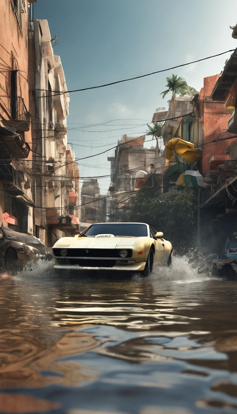 An American man，white short sleeve，Blue strappy jeans，White sneakers，Hold a water hose in your hand，Muddy water splashed，Wash the yellow Ferrari sports car，ultra-realistic image, Real-world scenarios，8k解像度，フォトンマッピング、detailed and complex environment、The is very detailed、top-quality、artsy photography、photorrealistic concept art，In the messy workshop，