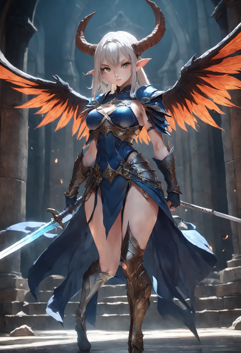 masterpiece, best quality, 1girl, dark skin, silver hair, orange eyes, pointy ears, horns, jewelry, medium hair, medium breasts, armor, wings, outdoors, shouting, angry, bad-hands-5