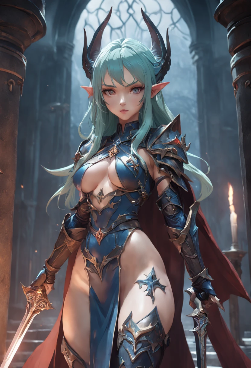 a close up of a elf woman in sexy leather medieval armor with a sword, 3 d render character art 8 k, chengwei pan on artstation, hyperdetailed fantasy character, unreal engine render + a goddess, dark sorceress in a dungeon crypt, dark and scary atmosphere