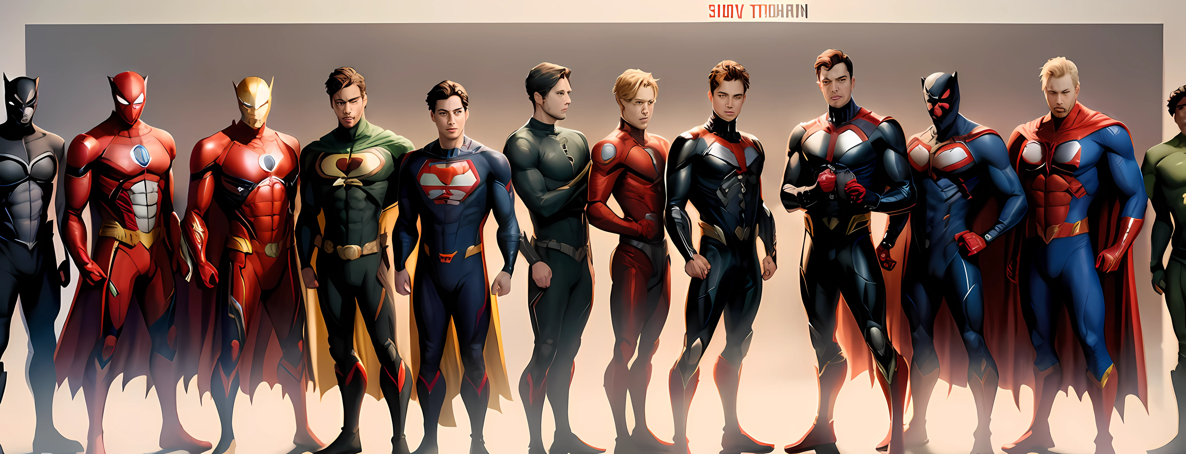 10boys, all superhero, Superman, ironman, hulk, Spiderman, batman, captain America, black panther, vision, ant-man, thor, standing, full body, full costume, detailed face, detailed body,hq art