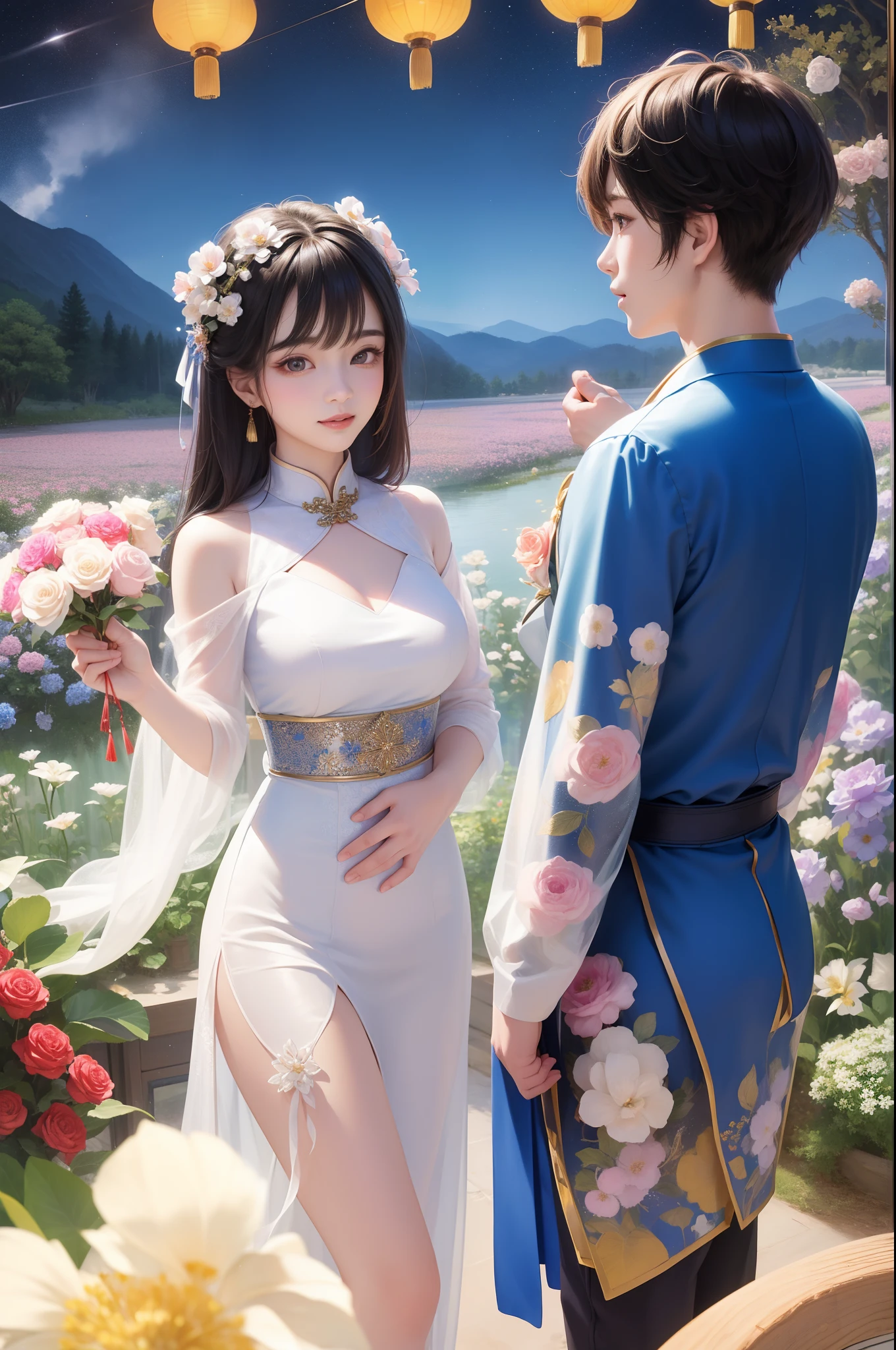 Men and women staring at each other,Their gazes intertwined,Twinkle like the stars of Tanabata。
The man wears a traditional Chinese dress,The woman wears a bright cheongsam,They are surrounded by elaborately arranged Tanabata Festival decorations,Including colorful lanterns and colorful paper cutouts。
They were in a beautiful park,It is surrounded by blooming flowers and lush trees,The stars of Tanabata shine in the night sky,As if blessing their love。
The man holds a bouquet of brightly colored roses in his hand,The woman accepted his bouquet with a smile,Their smiles are as bright as the starlight of a summer night