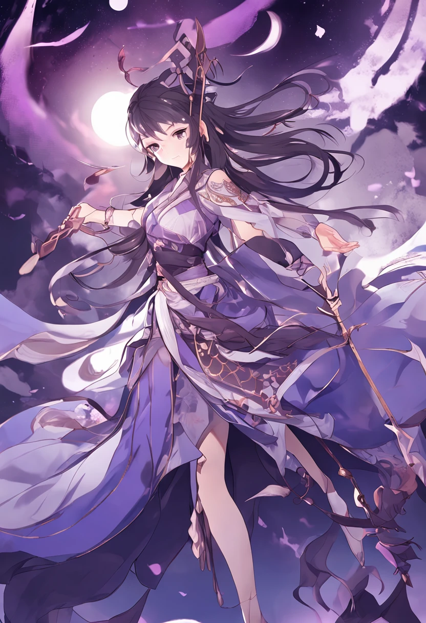 (Genshin Yokugu Palace)Alone at night，Moonlight fell on her，Her eyes flashed with confidence and determination，She was dressed in elegant purple，Long hair flutters in the wind，Holding a shiny bow and arrow in his hand，A faint purple mist floated around，Perfectly integrated with her image。