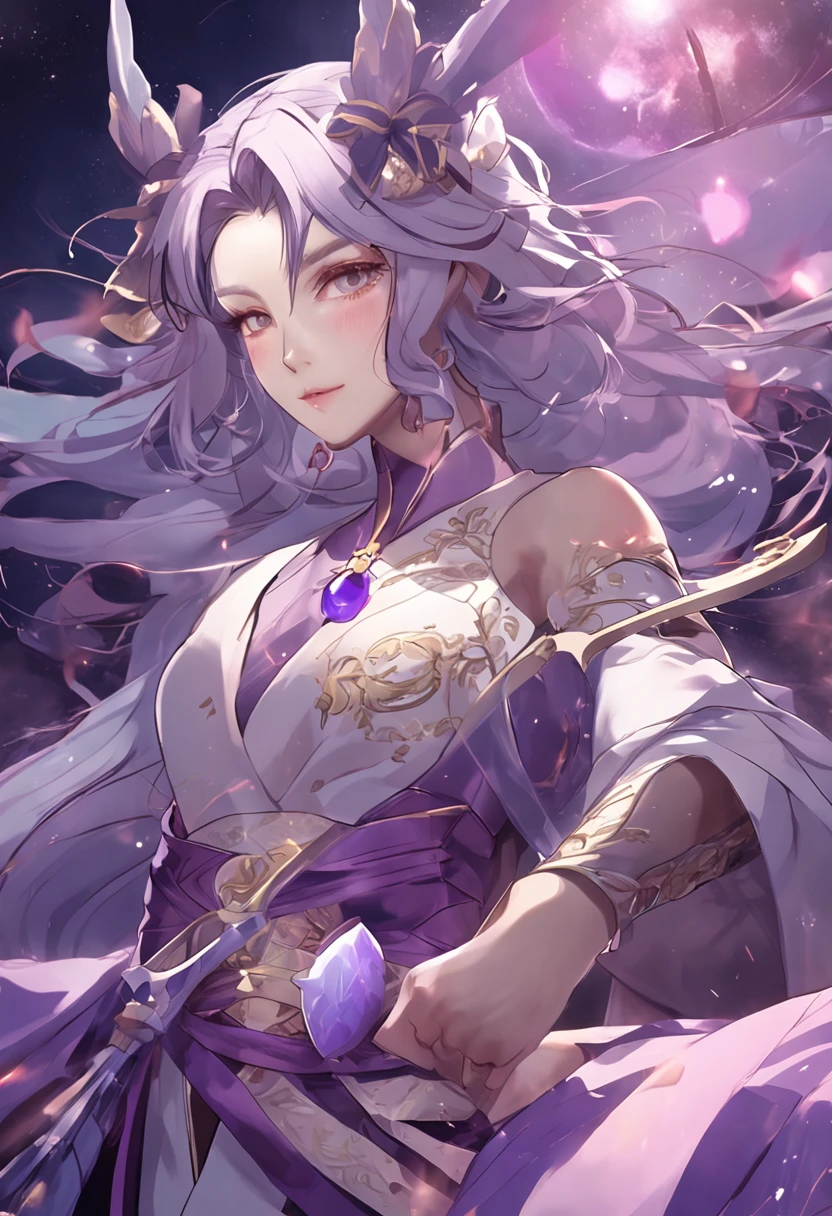 (Genshin Yokugu Palace)Alone at night，Moonlight fell on her，Her eyes flashed with confidence and determination，She was dressed in elegant purple，Long hair flutters in the wind，Holding a shiny bow and arrow in his hand，A faint purple mist floated around，Perfectly integrated with her image。