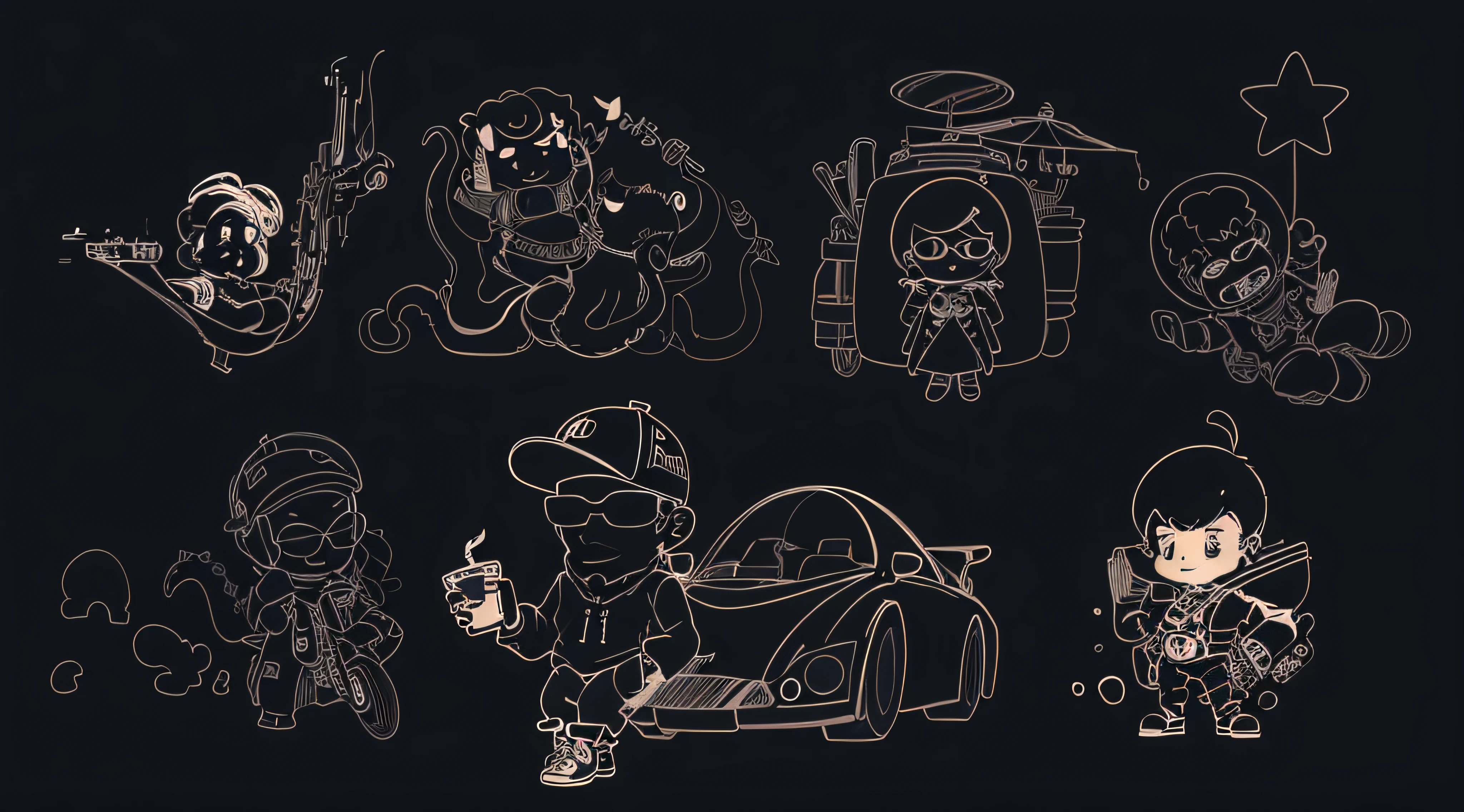 Sketches of cartoon characters with different poses and expressions, 2d game lineart behance hd, 2d game lineart behance hd, lineart behance hd, line work concept art, character illustration of a, vector line - art style, line art illustration, retro line art, illustration line art style, Line - Art, clean anime outlines, several character designs