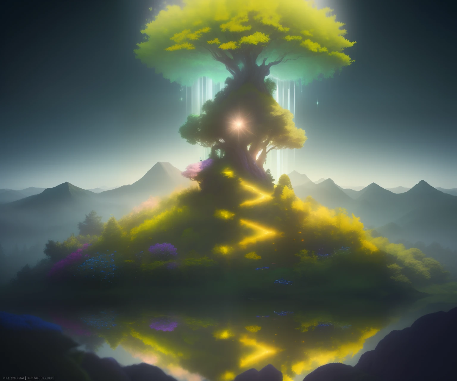 Stand atop a serene hill, where reality and fantasy merge. Lush greenery cascades like waterfalls, wildflowers paint a tapestry of colors, and ancient trees form a natural sanctuary. Amidst the surreal beauty, a gentle breeze carries hints of floral fragrances. Describe this enchanting scene where the ordinary blurs with the extraordinary, depth of field, chromatic aberration, sparkle, reflection light, ray tracing, glowing light, bloom, Conceptual art, Cubist Futurism, masterpiece, retina, ccurate, super detail, high quality, best quality, 4K, HD, highres, high details