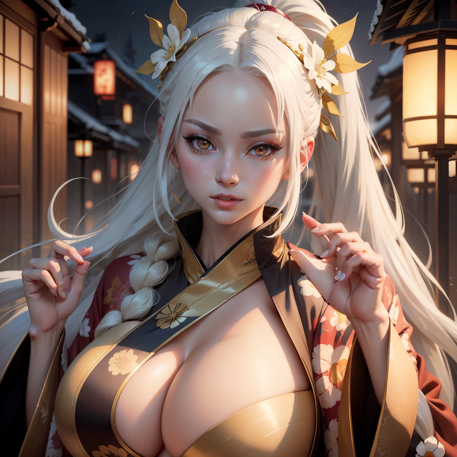 White hair, gold eyes, kimono, Tsunade, long hair, (huge tits), random pose, detailed face, detailed eyes, long hair, flower hairpin, busty, ponytail hair, close up face,