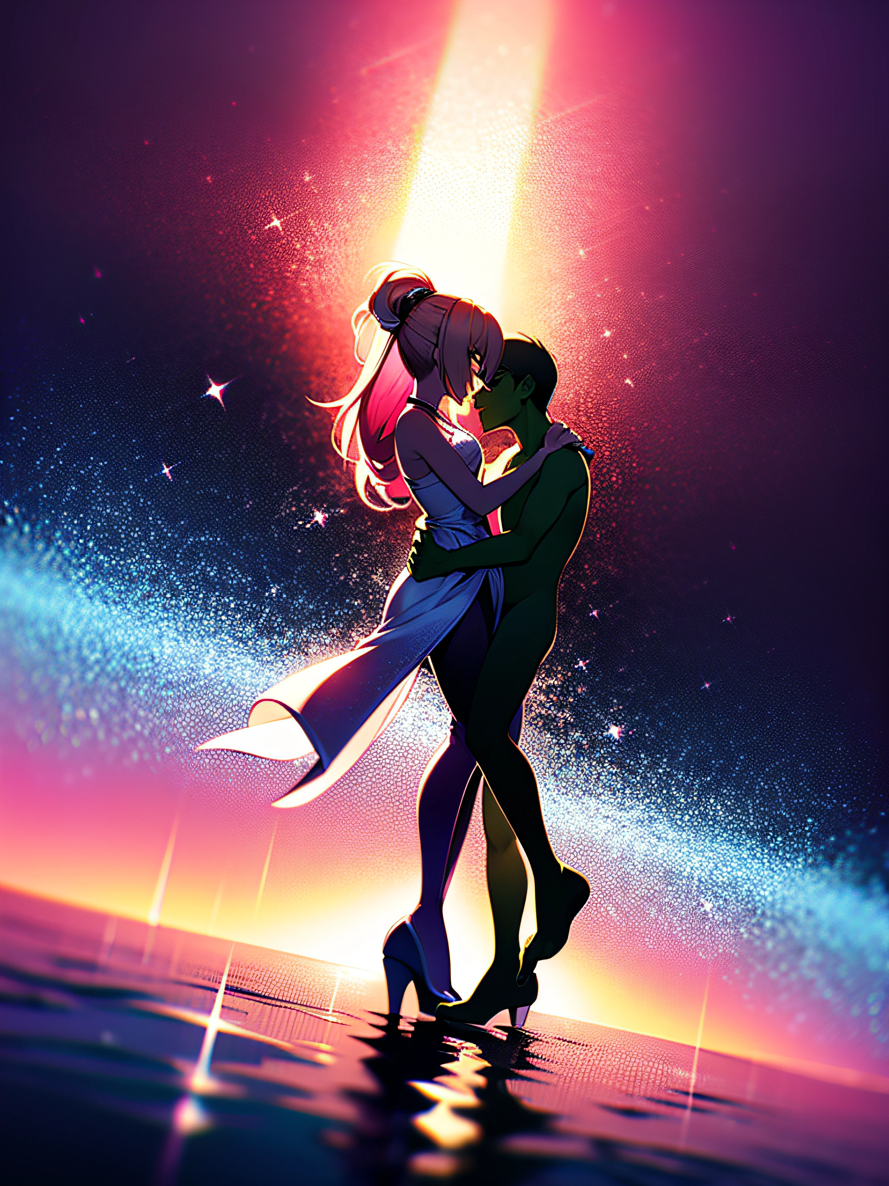 The sun dips below the horizon, casting a kaleidoscope of colors across the beach. Vibrant purples, pinks, and blues blend together in a mesmerizing dance, reflecting off the rippling water. A couple embraces, their love radiating amidst the ethereal atmosphere. Rendered with a high-definition render engine, capturing every detail of the shimmering light and sand grains, inspired by the works of landscape photographer Ansel Adams.