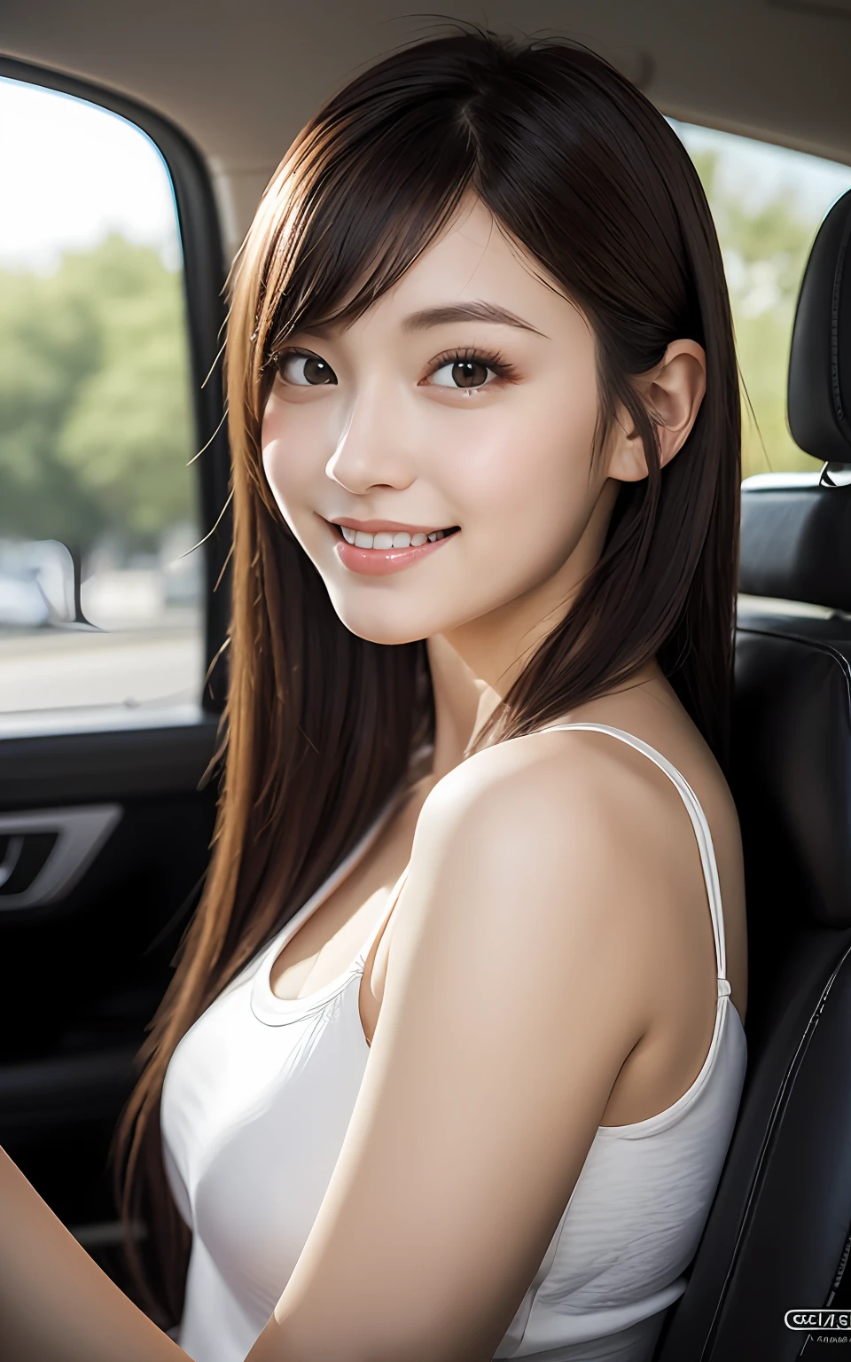 Highly detailed CG unity 8k wallpaper, of the highest quality, Super detailed, masutepiece, Realistic, photographrealistic, extremely detailed cute girl, 25 years old, Round eyes, peeping at the viewer,  Blush,ssmile, Upper body , (Underarms) ,Clear limousine rear seat background , Clean dressing
