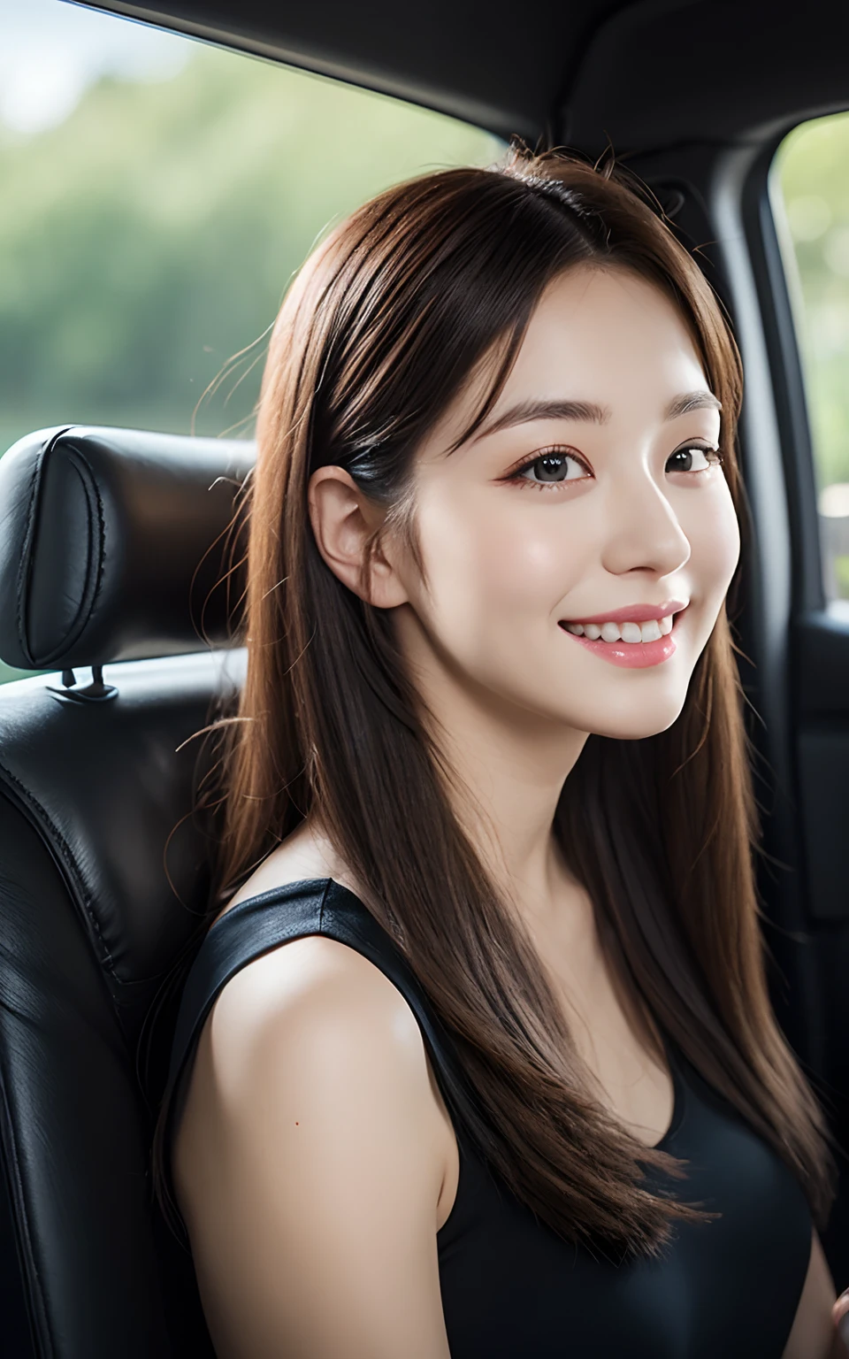 Highly detailed CG unity 8k wallpaper, of the highest quality, Super detailed, masutepiece, Realistic, photographrealistic, extremely detailed cute girl, 25 years old, Round eyes, peeping at the viewer,  Blush,ssmile, Upper body , (Underarms) ,Clear limousine rear seat background , Clean dressing