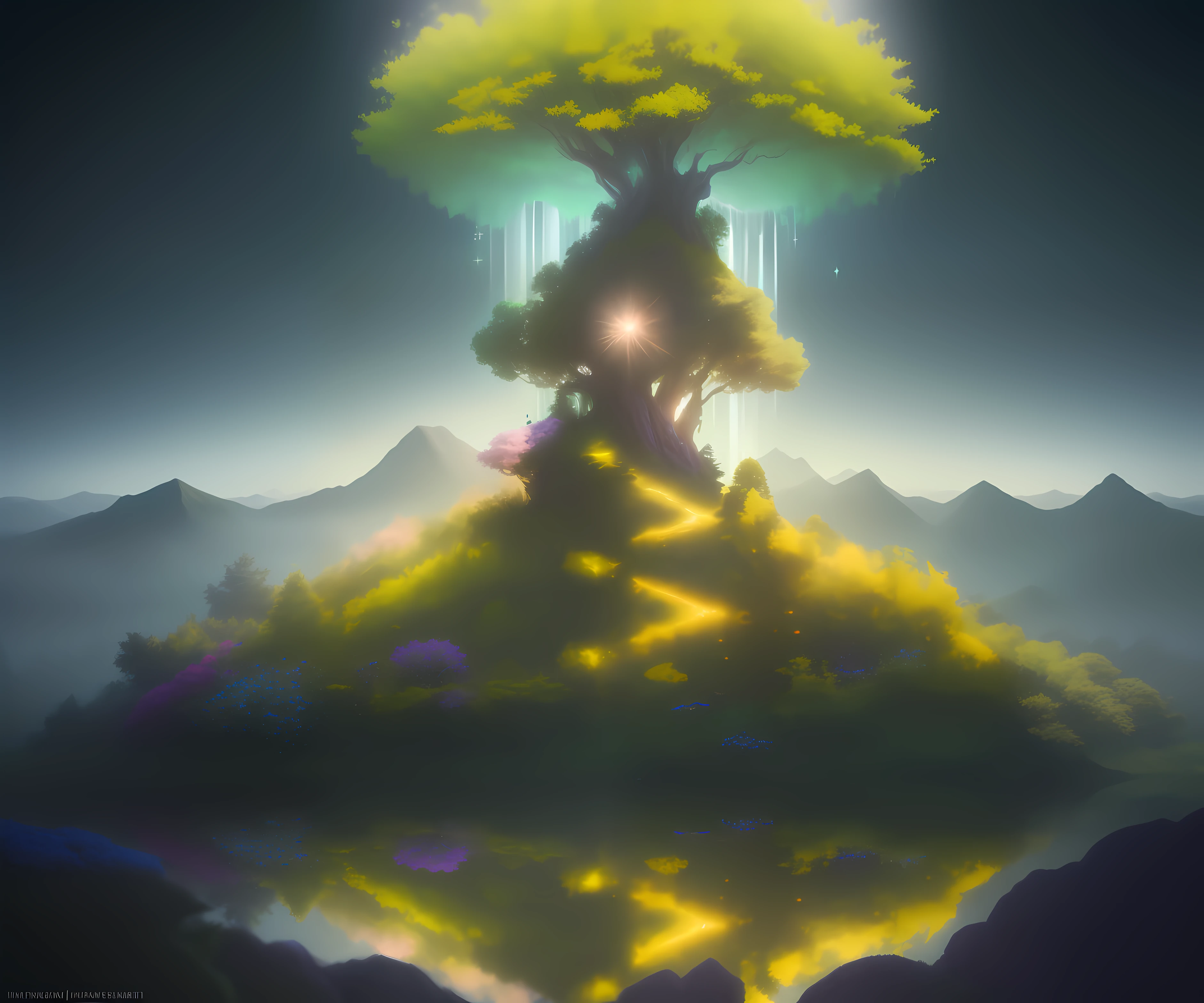 Stand atop a serene hill, where reality and fantasy merge. Lush greenery cascades like waterfalls, wildflowers paint a tapestry of colors, and ancient trees form a natural sanctuary. Amidst the surreal beauty, a gentle breeze carries hints of floral fragrances. Describe this enchanting scene where the ordinary blurs with the extraordinary, depth of field, chromatic aberration, sparkle, reflection light, ray tracing, glowing light, bloom, Conceptual art, Cubist Futurism, masterpiece, retina, ccurate, super detail, high quality, best quality, 4K, HD, highres, high details