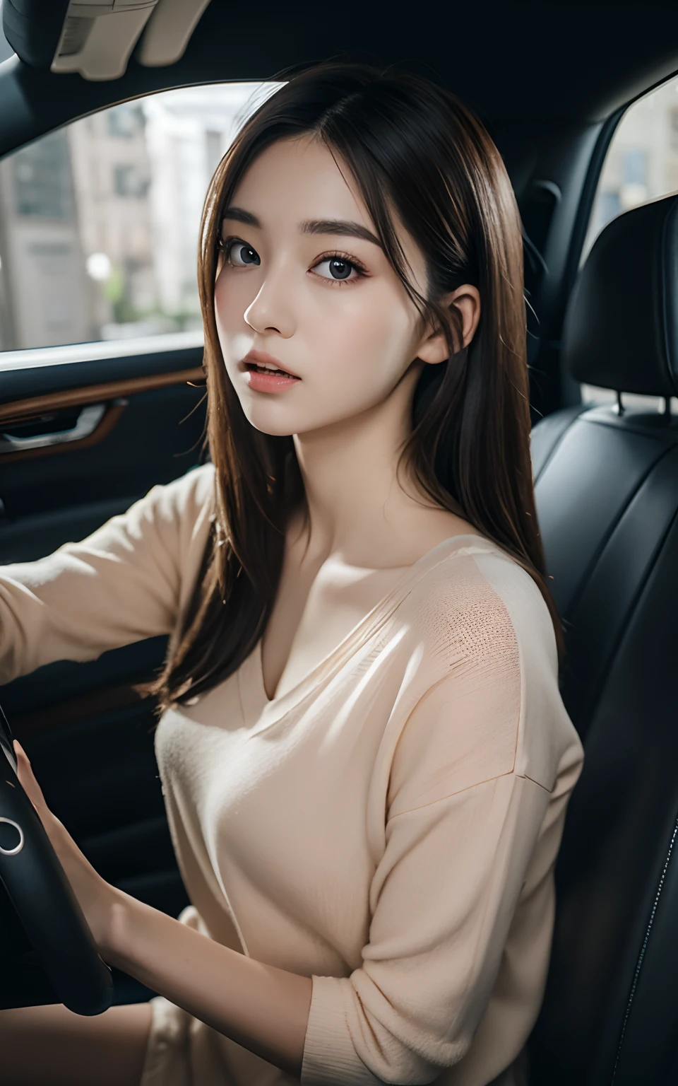 Highly detailed CG unity 8k wallpaper, of the highest quality, Super detailed, masutepiece, Realistic, photographrealistic, extremely detailed cute girl, 25 years old, Round eyes, peeping at the viewer,  Blush, parted lip, Upper body , (Underarms) ,Luxury car back seat , Clean dressing