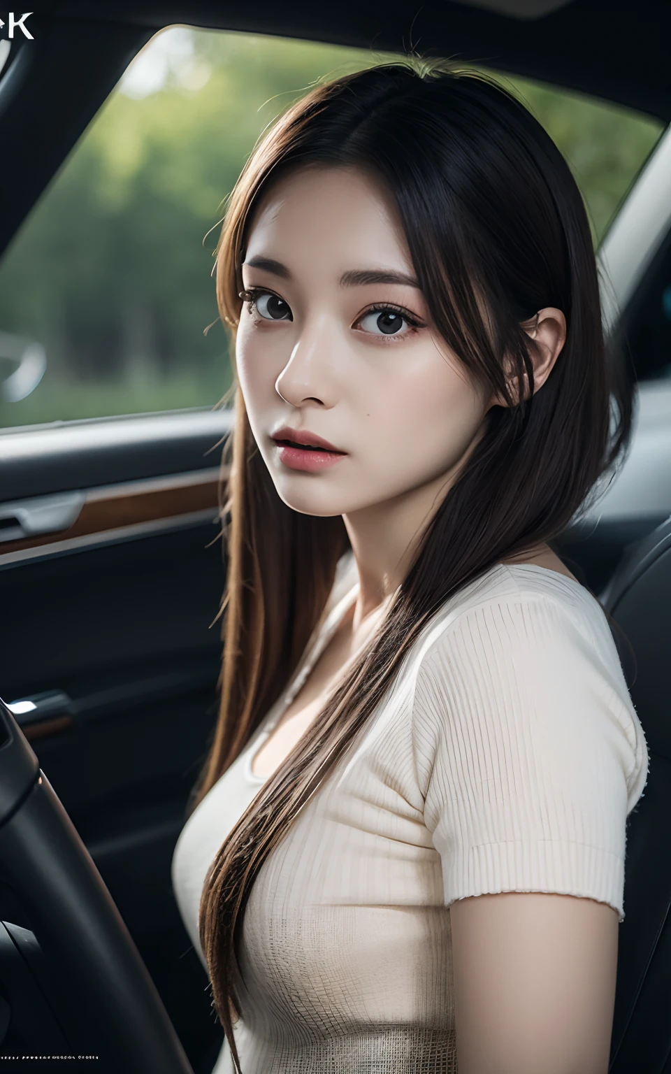 Highly detailed CG unity 8k wallpaper, of the highest quality, Super detailed, masutepiece, Realistic, photographrealistic, extremely detailed cute girl, 25 years old, Round eyes, peeping at the viewer, Blush, parted lip, Upper body , (Underarms) ,Luxury car back seat , Clean dressing