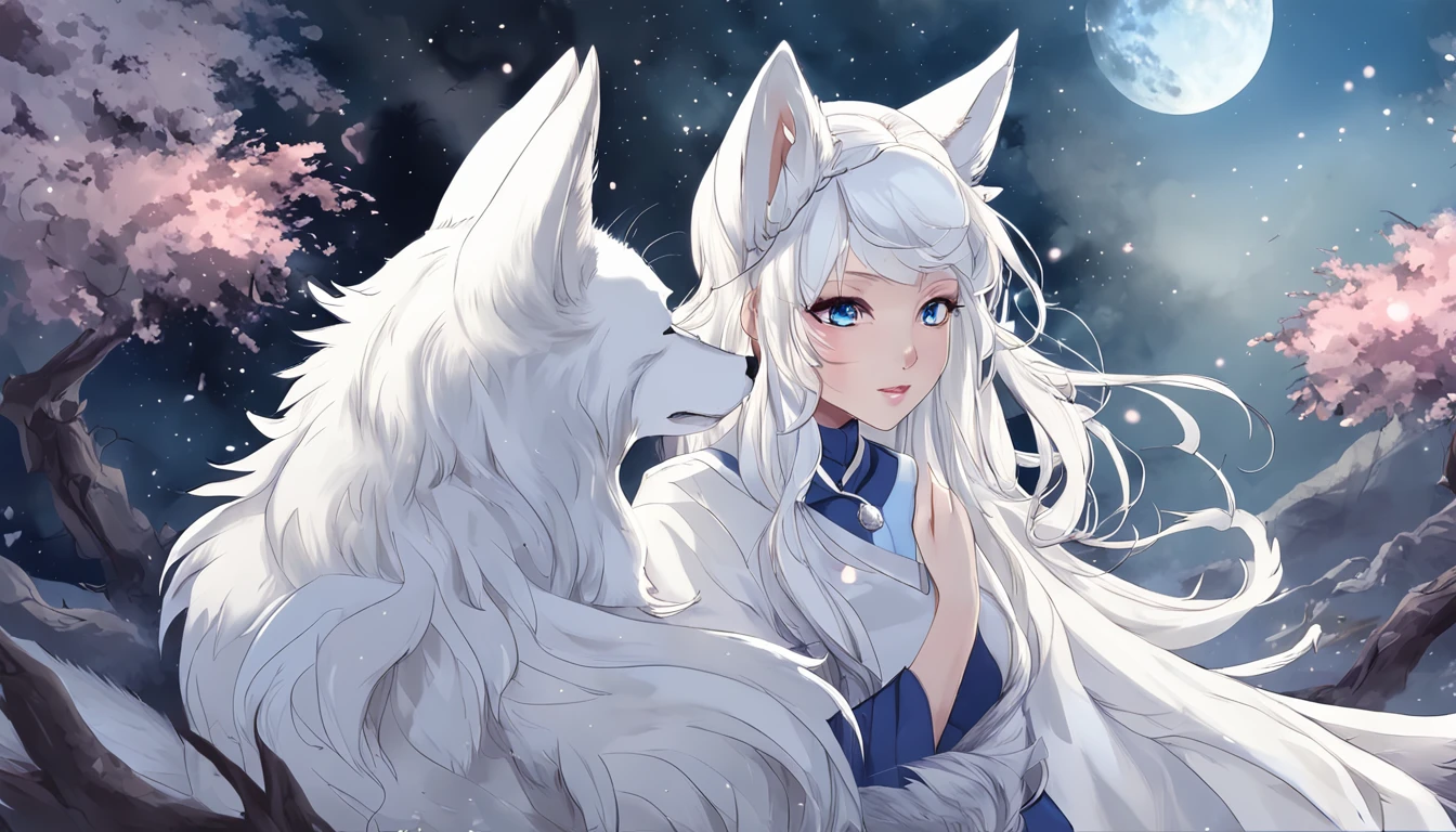 (Next to the anime girl with white fur fox ears before the full moon is a huge white nine-tailed fox:1.5), fantasy fox love, White-haired fox, white fox anime, Anime fantasy illustration,(dark forest background，Blue transparent smoke surrounds:1.8), art of silverfox,Best quality, Masterpiece, 超高分辨率, (photograph realistic:1.4), ultra-realistic realism, Dream-like,fusionart, Shadowdancer, shadow magic, Darkness, stealth, shadowstep, umbral spells,