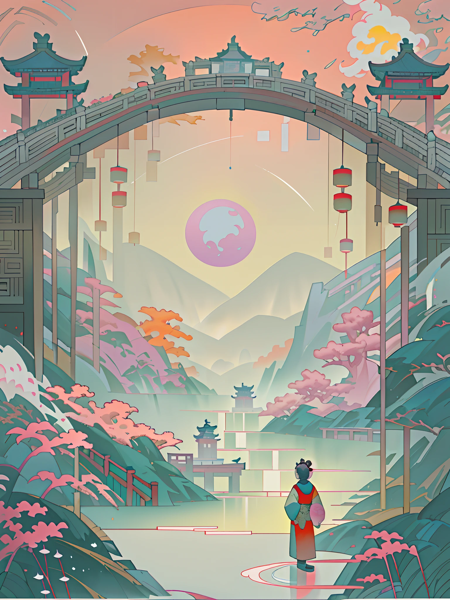 A boy and a girl meet on the Cloud Arch Bridge，Tanabata poster design pattern，Pink tones，Blue-purple，dreamy scenes，a warm color palette，Cloud arch bridge，the huge moon，fire works，starrysky，Magpie triangle composition，detail-rich，down view，Long shots，Chinese traditional painting，Jade，mountain water，auspicious，Pale color background，Best quality，pastels，softlighting，4K，A plant