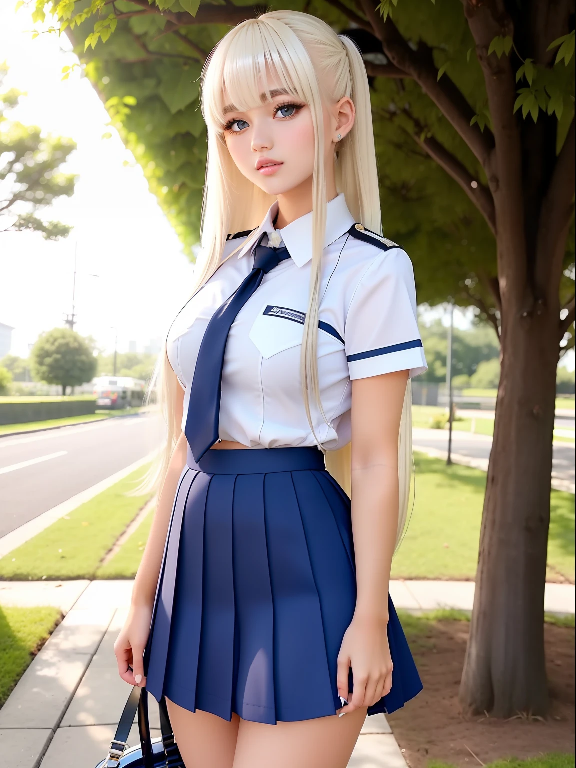 plein air、Swaying bangs、ultimate beauty girl、Care for bangs、poneyTail、hair care、Very beautiful 18 year old cute girl、a miniskirt、shiny white young beautiful skin、Sexy and very beautiful good looks、Very cute face with ultimate beauty、Super Long Bright Natural Platinum Blonde Hair、Smooth straight hair、Big blue eyes with radiant transparency、School Uniforms