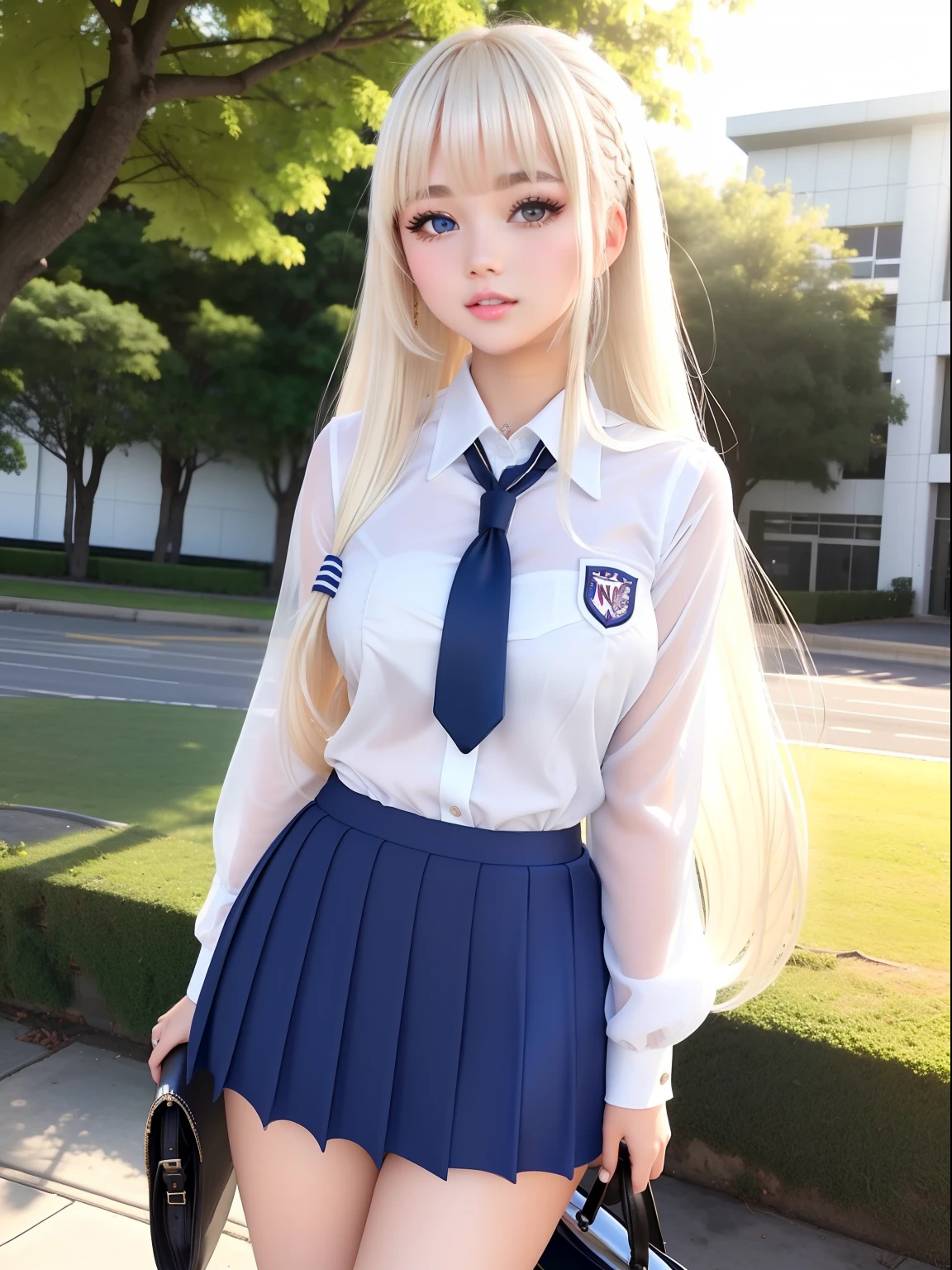 plein air、Swaying bangs、ultimate beauty girl、Care for bangs、poneyTail、hair care、Very beautiful 18 year old cute girl、a miniskirt、shiny white young beautiful skin、Sexy and very beautiful good looks、Very cute face with ultimate beauty、Super Long Bright Natural Platinum Blonde Hair、Smooth straight hair、Big blue eyes with radiant transparency、School Uniforms