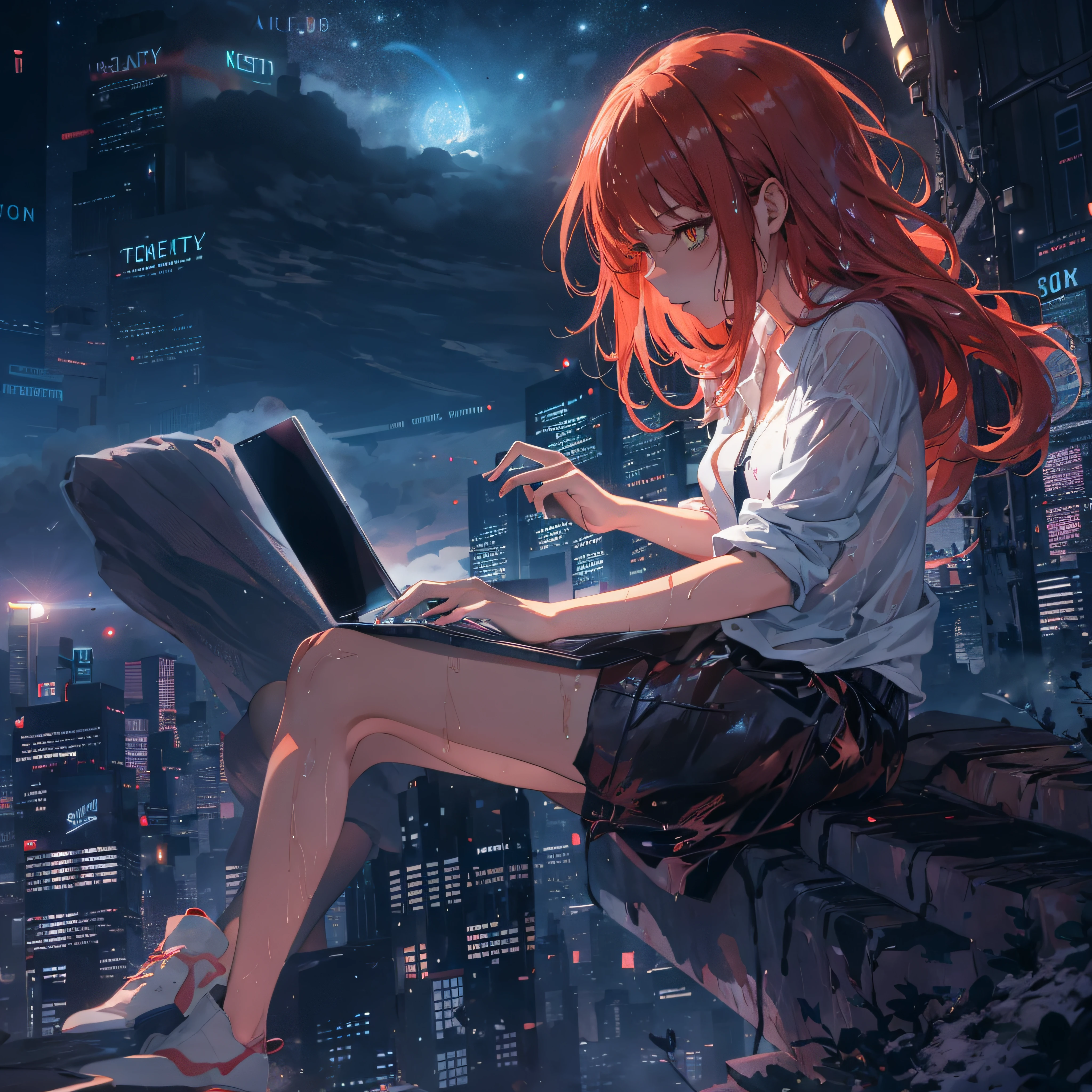 octans, sky, star (sky), scenery, starry sky, night, 1girl, night sky, solo, outdoors, building, cloud, comets, milky way, sitting, tree, bring laptop, long red hair, white shirt, golden eyes, black panties, wet, sexy, cyber city, futures, silhouette, cityscape, amazing, makima, aura.