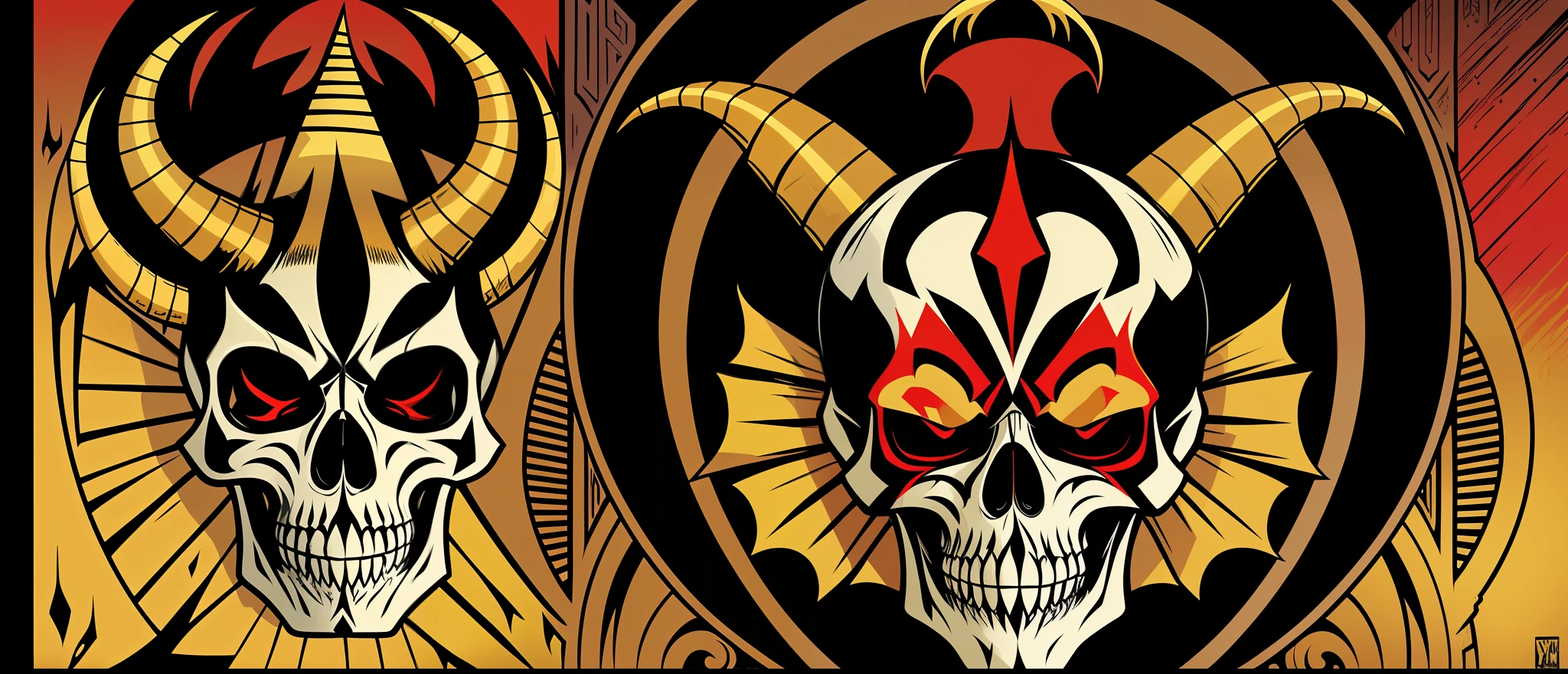 There is a skull with horns and a red and yellow head, skull design for a rock band, fantasy skull, Nikos, nychos art aesthetic, portrait of the god of death, style of hydro74, heavy metal art style, Horned Skull Mask, lord of death, full color digital illustration, Sacred skull, demon samurai mask, highly detailed vector art