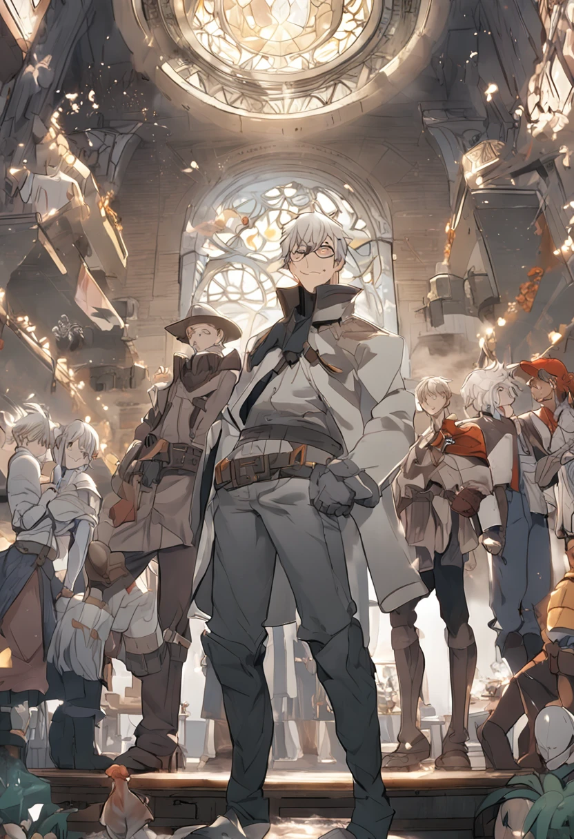 Anime characters with short silver-gray hair and blonde eyes standing in front of the adventurers' guild, Best anime 4k konachan wallpaper, Tall anime guy, Silver-gray hair, , Anime art wallpaper 4k, Anime art wallpaper 4 K, Key anime art, , 4K manga wallpaper 35 year old man anime character short silver gray hair, Light golden eyes, Strong body, Strong bear, Height 198 cm, Weight 180 lbs, Mature faces, Humble temperament, Cross your hands at your waist, A hearty smile, Full body like, Slightly chubby body,, Muscles Golden pupils Wear yellow Arm vest Arm shoulder Tomahawk Hearty smile Tall as a mountain