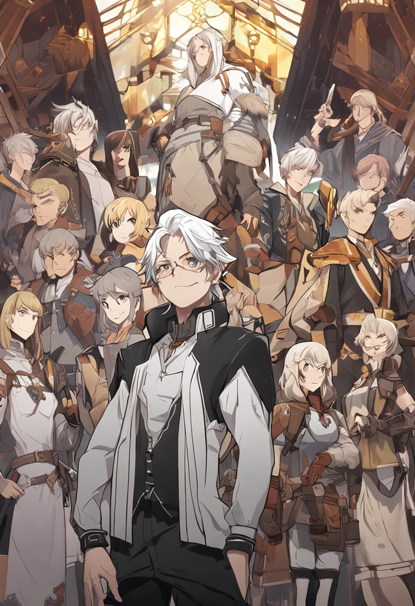 Anime characters with short silver-gray hair and blonde eyes standing in front of the adventurers' guild, Best anime 4k konachan wallpaper, Tall anime guy, Silver-gray hair, , Anime art wallpaper 4k, Anime art wallpaper 4 K, Key anime art, , 4K manga wallpaper 35 year old man anime character short silver gray hair, Light golden eyes, Strong body, Strong bear, Height 198 cm, Weight 180 lbs, Mature faces, Humble temperament, Cross your hands at your waist, A hearty smile, Full body like, Slightly chubby body,, Muscles Golden pupils Wear yellow Arm vest Arm shoulder Tomahawk Hearty smile Tall as a mountain