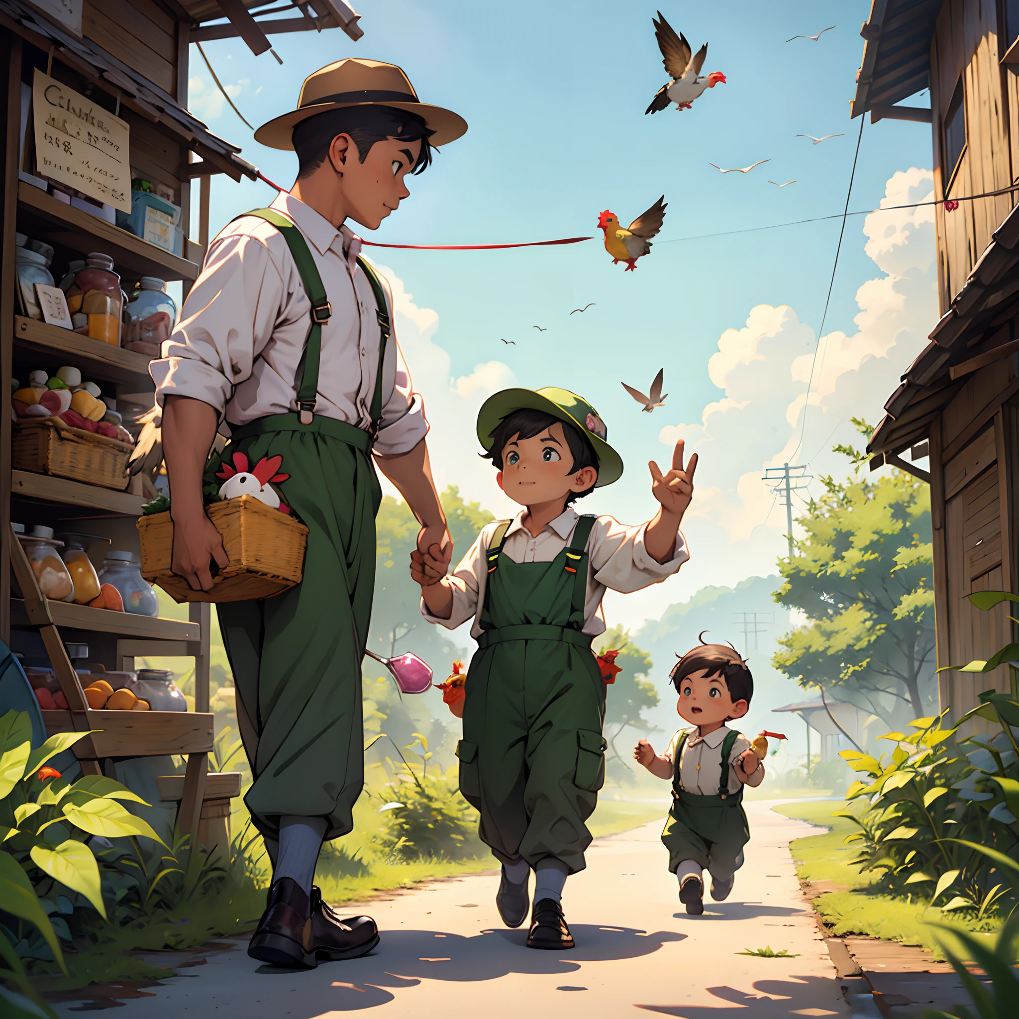 A little boy dressed in green meets a chicken in suspenders during a time full of various sweets,Behind them are two cockroaches with axes chasing them,Pink milk fell in the sky --auto