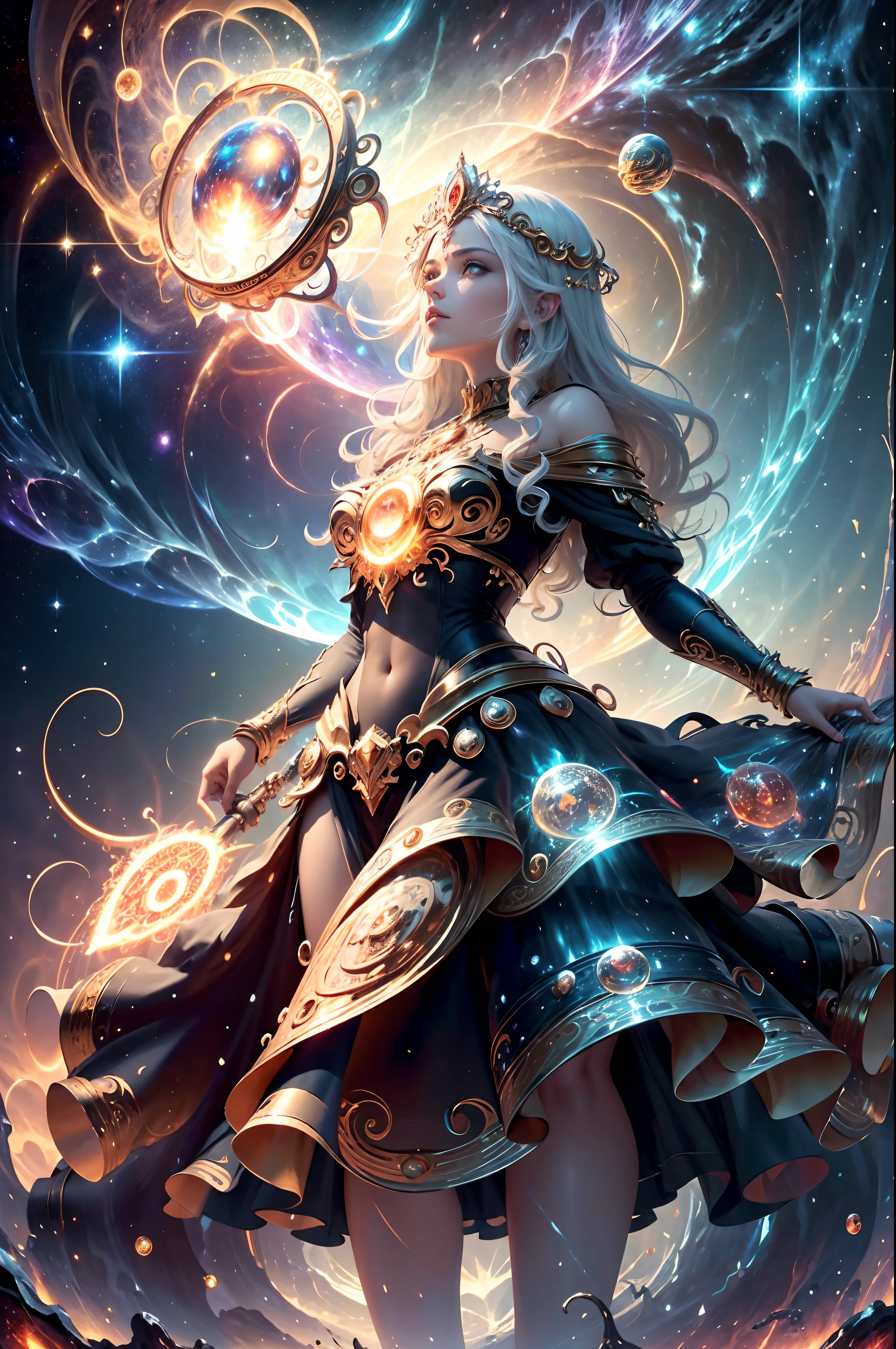 masterpiece, best quality, high details, highres, 1 person, divine being, divine magic, God of Chaos, personification of Chaos, standing in deep space, divine being, magic circles, divine patterns, emanates immense power and cosmic energy, surrounded by swirling vortexes of space-time, galaxies, and stars, dark and chaotic atmosphere, ancient and enigmatic presence, 16k