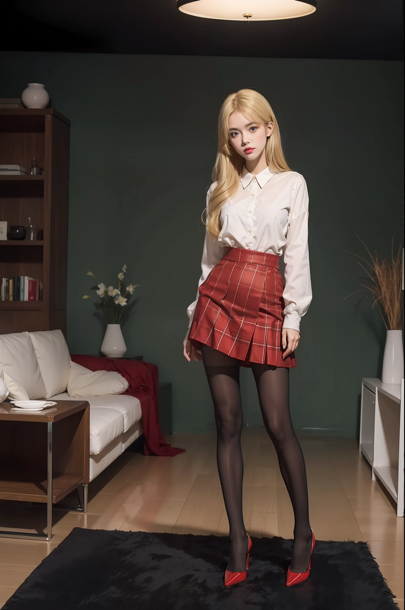 (full body:1.5),(1girl:1.3),(view the viewer:1.4),(anatomy correct:1.4),(Opaque red pantyhose and pointed thick heels :1.3),(Stomping on the floor in the living room:1.2),(Wearing a Checkered high waisted skirt:1.2),(Extra Long blonde Hair:1.2),(Accurate and perfect face:1.3),(Long legs:1.3),hyper HD, Ray traching, reflective light, structurally correct, Award-Awarded, high detail, lighten shade contrast, Face lighting ,cinematic lighting, masterpiece, super detailing, high quality, high detail, best quality, 16k,High contrast,