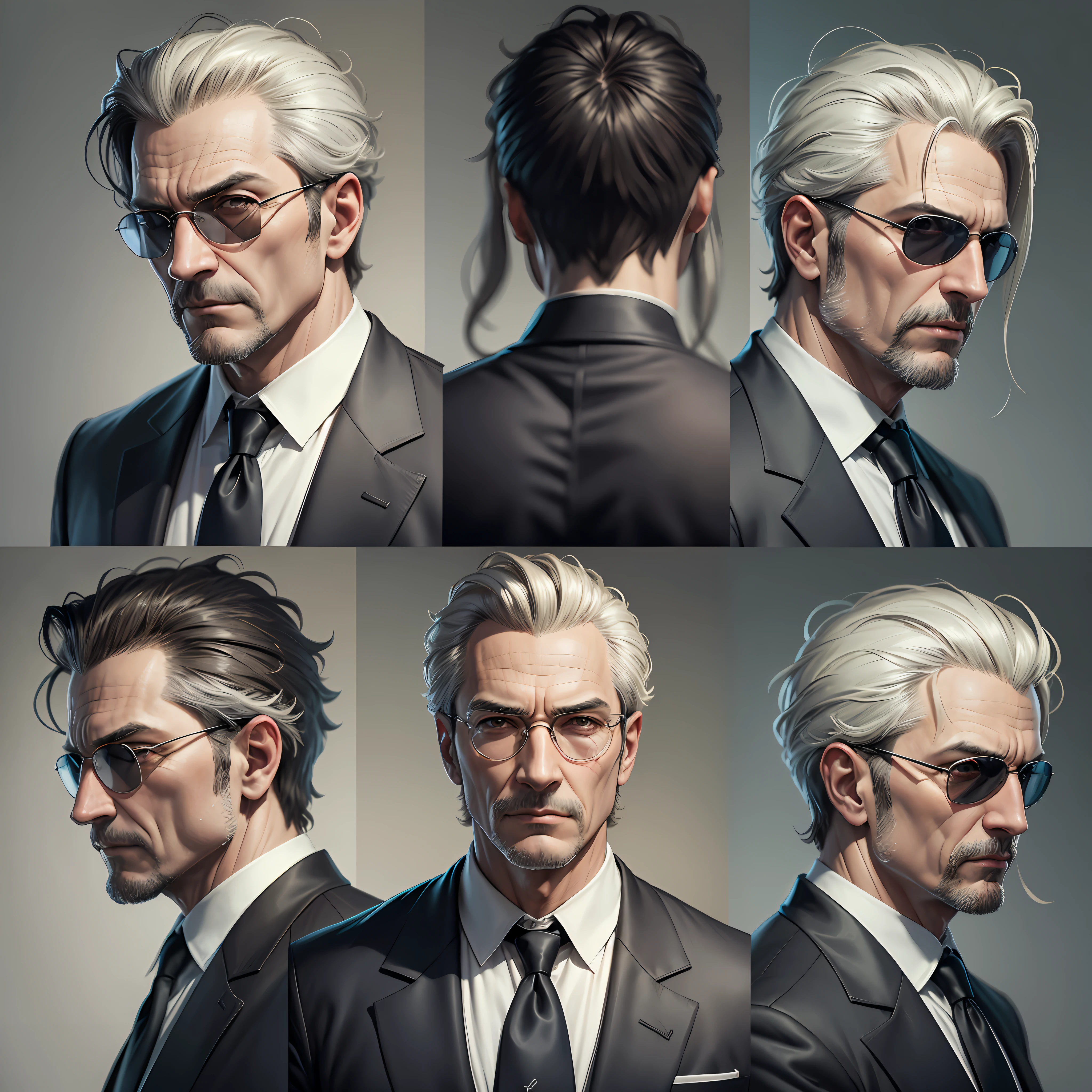 Sketch of a middle-aged man with rich expressions, matrix of 9 images, same costume, different shooting angles, different expressions, high-quality character design, real skin, transparent background. ((Ultra Detail))), ((Best Quality)), ((Masterpiece)), High Resolution, 8K, Anatomically Correct, UHD --auto --s2