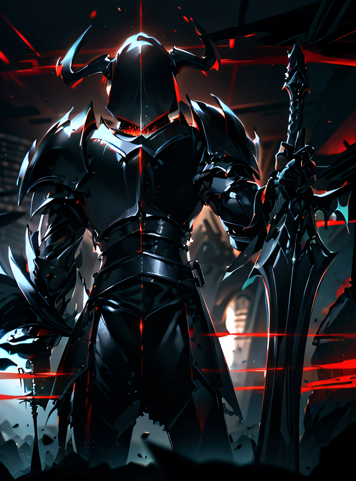 The back of a Dark Guardian in black armor,Holding a large black sword in his hand,Black helmet,