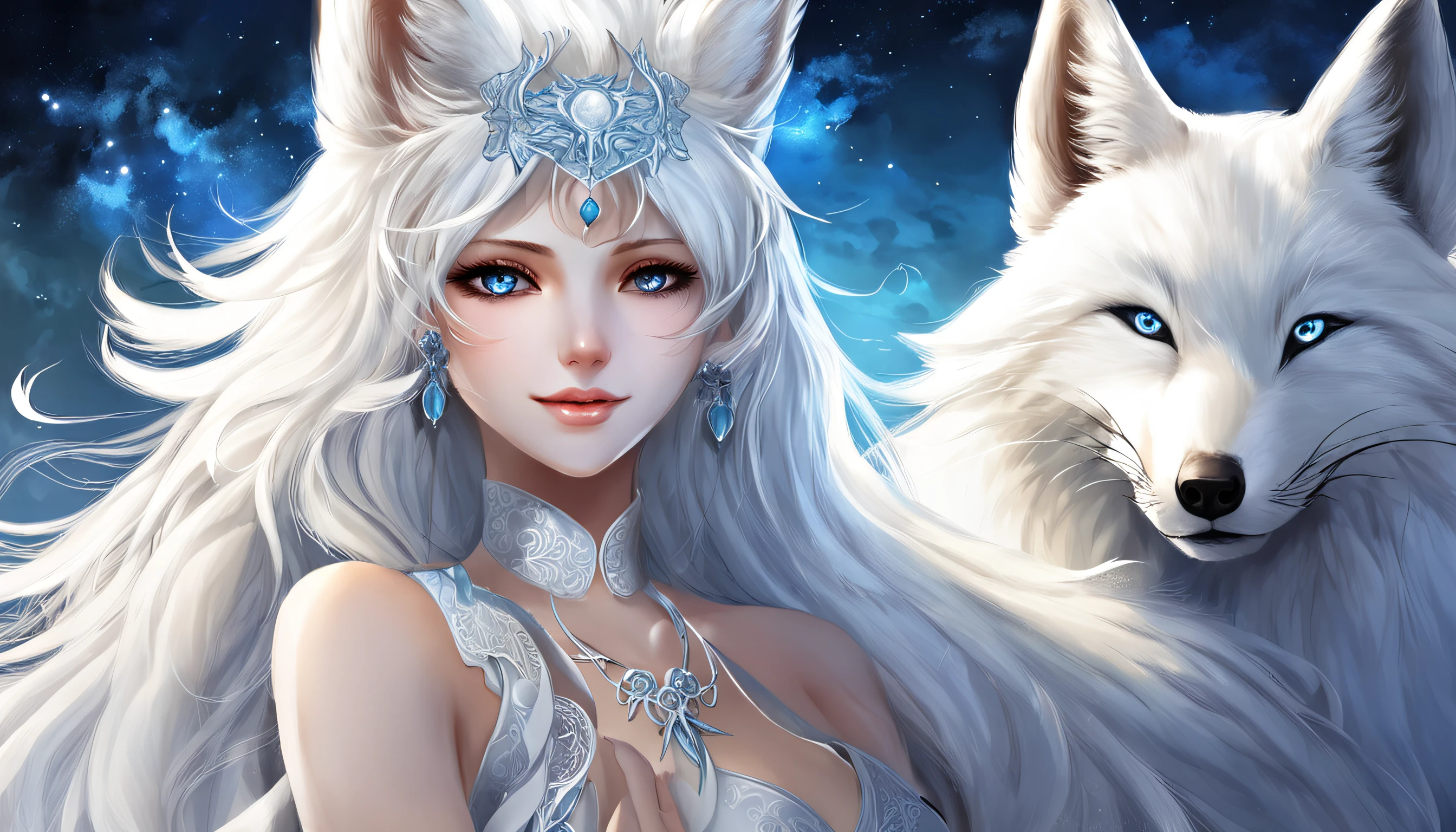 (Next to the anime girl with white fur fox ears before the full moon is a huge white nine-tailed fox:1.5), fantasy fox love, White-haired fox, white fox anime, Anime fantasy illustration,(dark forest background，Blue transparent smoke surrounds:1.8), art of silverfox,Best quality, Masterpiece, 超高分辨率, (photograph realistic:1.4), ultra-realistic realism, Dream-like,fusionart, Shadowdancer, shadow magic, Darkness, stealth, shadowstep, umbral spells,