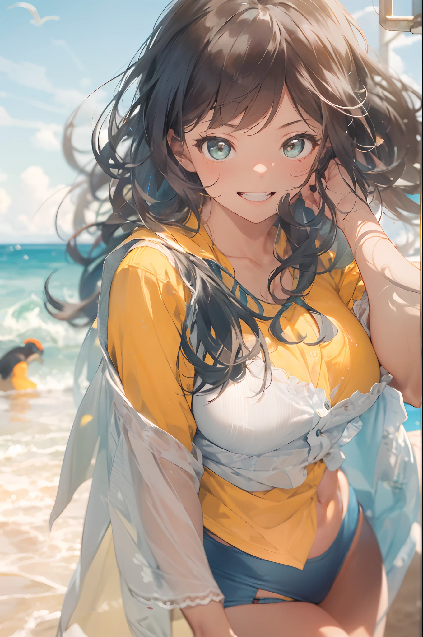 High resolution,
One beautiful young woman,
(soft saturation: 1.3), (fair skin: 1.2),
(ultra-detailed background, detailed background), bokeh,
Portrait of smiling girl breaking. When viewed from the front, the composition is symmetrical.
Look straight at you with serious eyes and break
yellow swimsuit, yellow bikini, middle breast,
outdoor, sea surface, sky, sunshine, summer beach, sand,
strong light, front light,
(ager: 1.3), (Cowboy Shot: 1.2), Break
angle from the front,
Look at the viewer,
Dynamic Pose,
Sitting on the beach

Wakame, wakame, wakame, wakame, wakame, wakame, wakame,