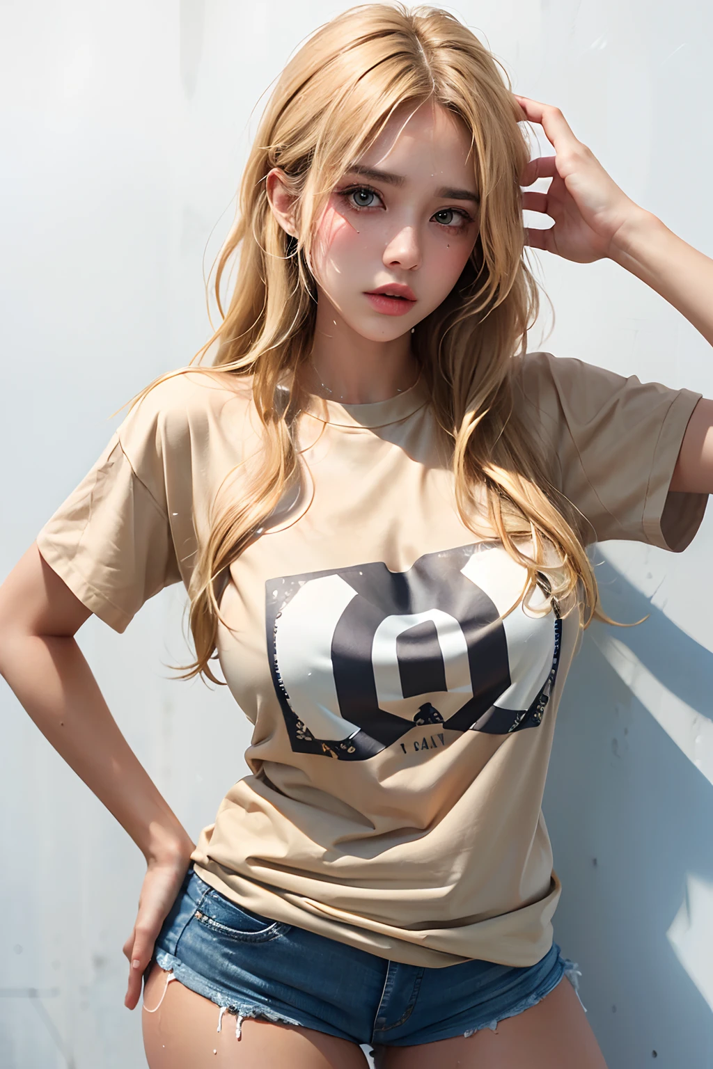 (1girl),large breasts, breasts, tan, dewy skin, sweaty skin, wavy blonde hair, punk tshirt, punk girl