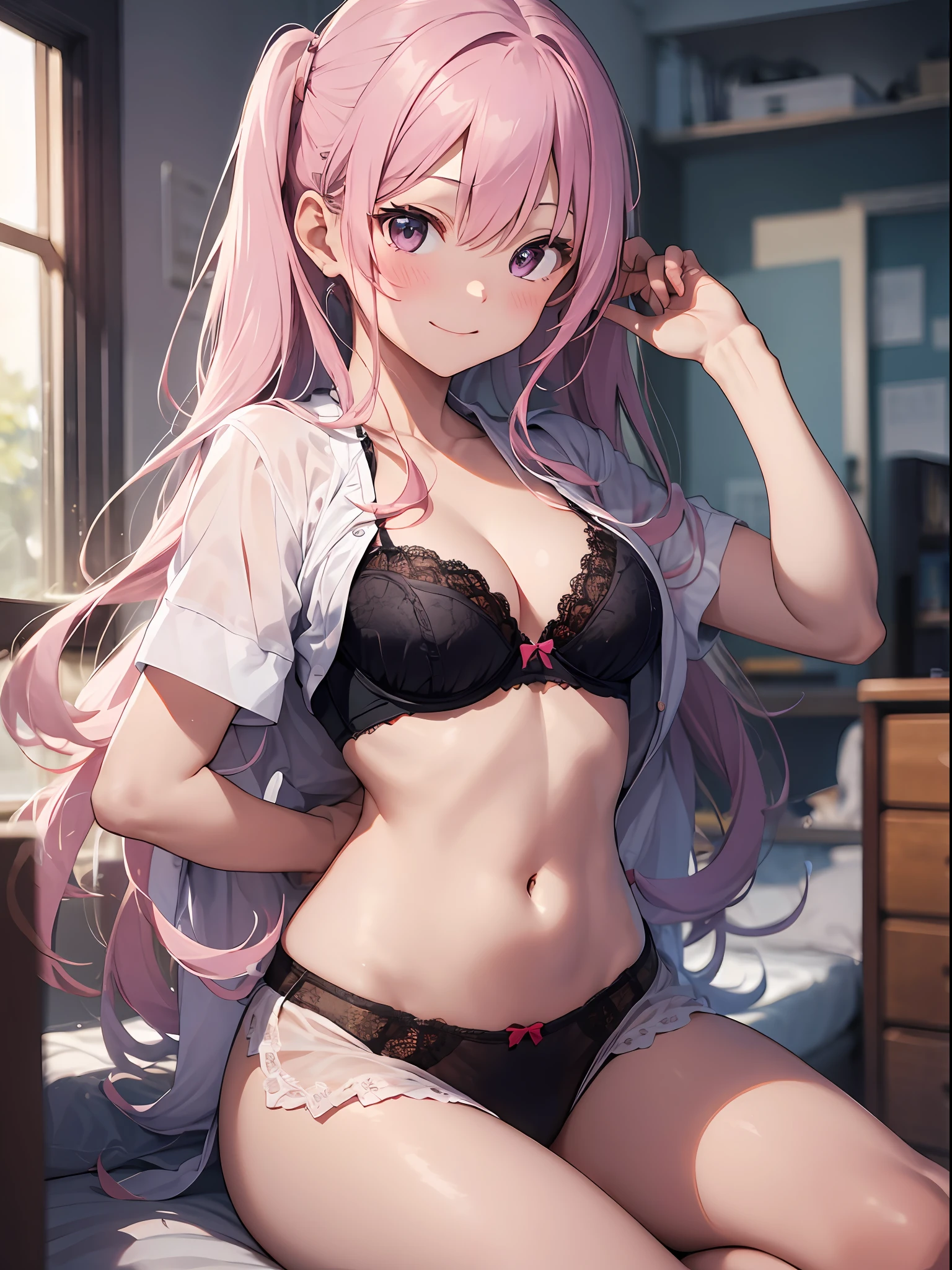 top-quality、masutepiece、in 8K、Pastel tones、girl with、A pink-haired、(Low Long Twin Tail)、Very long hair、(full bodyesbian:1.2)、Unbutton the front of the short-sleeved blouse to expose the bra.、Changing clothes、bra very、See the viewer's gaze、Hide in embarrassment、pantiy、ssmile、girl's own room