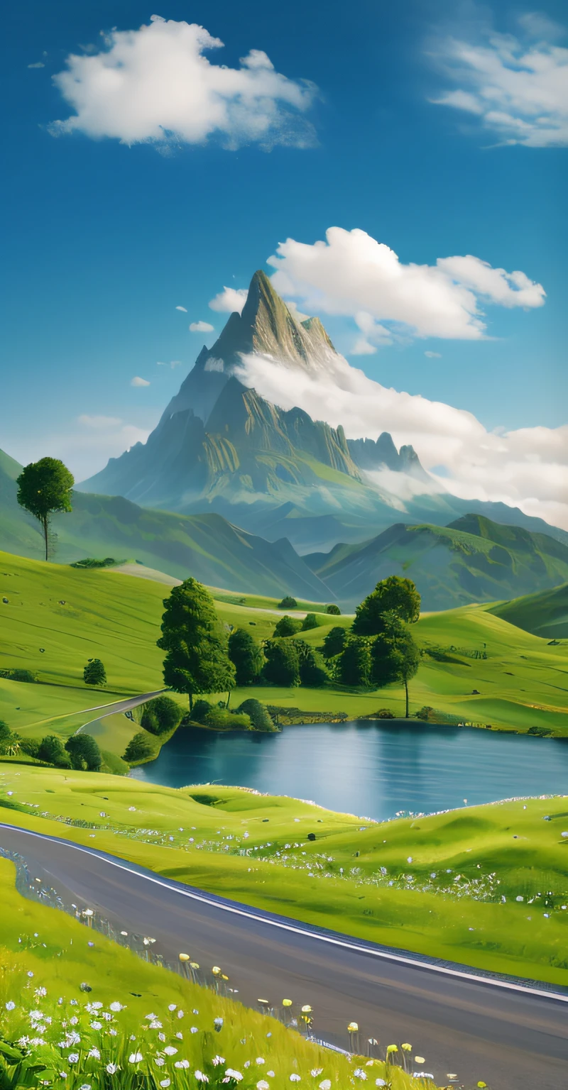 There is a road through the green fields full of flowers,The background is a mountain, Big Mountain, giant imposing mountain, beatiful mountain background, Breathtaking landscapes, middle earth landscape, beautiful mountains, mountainous terrain, epic landscapes, impressive fantasy landscape, Detailed scenery —width 672, scenic mountain setting, epic landscapes, mountainous setting, Beautiful environment