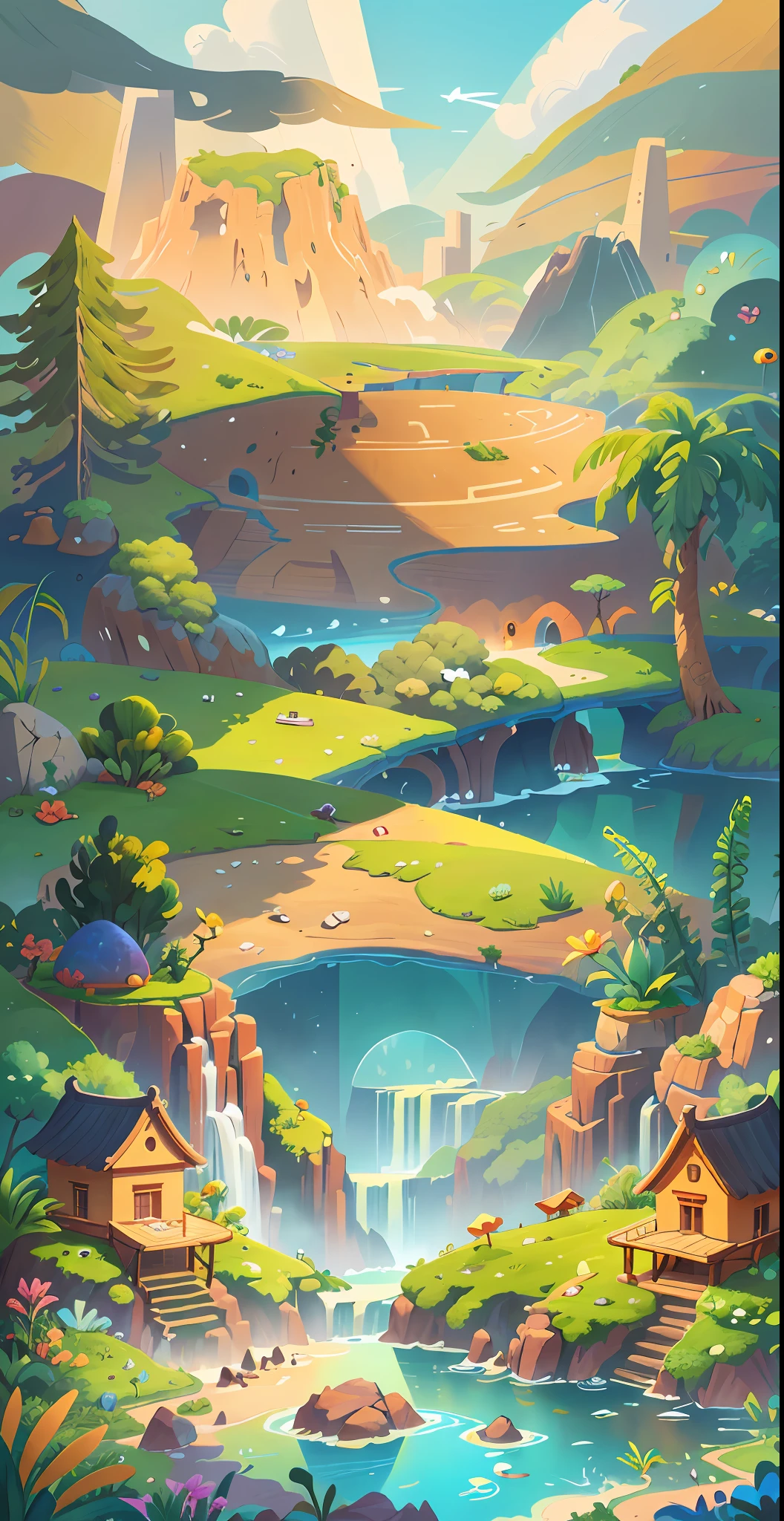 Chinese ancient times, spring, jungle, lake, cave, waterfall, tree, meadow, rock, hot spring, a plant，volcanoes，coconut palms，Antiquity，jurassic，Ancient plants，rios，grass field，grassy fields，Faraway view，mont，volcanoes，cliff，​​clouds，sun light， water vapor, brightly，verdure，Grass green，The colors are expressive，vibrant with colors，illustration，Cartoon drawing，Lively children's drawing，Illustrations in storybooks，Cartoon coloring page，KIDS ILLUSTRATION，Disney，cartoony，Paramount，dreamworks，(illustration: 1.0), epic composition, realistic lighting, HD details, masterpiece, best quality, (very detailed CG unified 8k wallpaper)