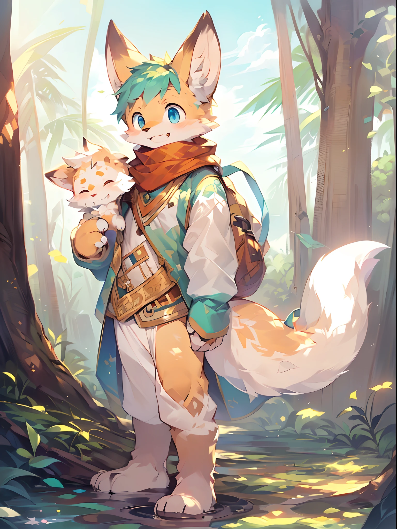 Enchanted expression. His hands were soft, The back has orange fur,There are light brown pads on the palms of the hands. He stood on a lush green hill,The background is a clear blue sky。, Small wildflowers are scattered around him, When he stood on the hill, and he looked into the distance, Lost in thought, with a gentle smile on his face. The warm and soft light gives him a gentle and serene look, Steady diffusion AI captures every detail, From the soft fur to the intricate details of the garment. (Fluffy_litte_Fox_Tail,standing on a hill, overlooking valley, Detailed_Fluffy_fur(Body_fur),oil_skin,(skin_with_Fluffy_fur),(Animal_nase),Animal_Ear_vellus hair,Fluffy_clawed paws,clawed paws,Animal_hand,Flowers, ((Cute, Innocent, Detailed face, Big round eyes)), Warm and soft lighting, 8K, sfv, Spring, serene, hires, he is smiling.
