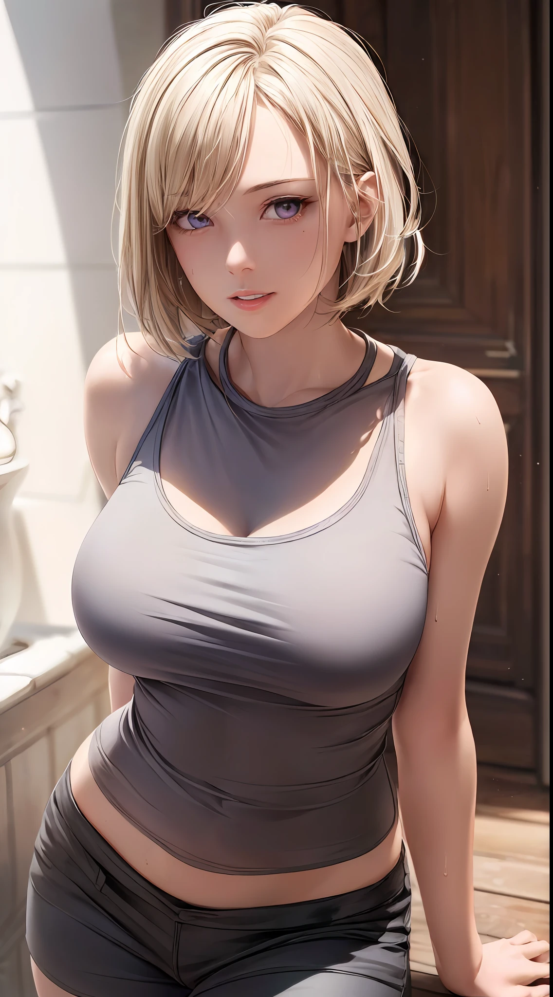 ((((masterpiece, best quality, high resolution)))), Extremely detailed 8K, Beautiful girl with voluptuous body, (Ultra HD, Ultra-detailed, Highly detailed, Highly realistic, Ultra-realistic, photograph realistic), (1girl:1.5), (Realistic white hair), short wavy hair, bob cut, (dynamic poses), facing at camera, light smile, parted lips, purple eyes, average breasts, (beautiful detailed face, beautiful detailed eyes), thin white tank top, black shorts, glow, sweat, (sunbeam, sunlight)