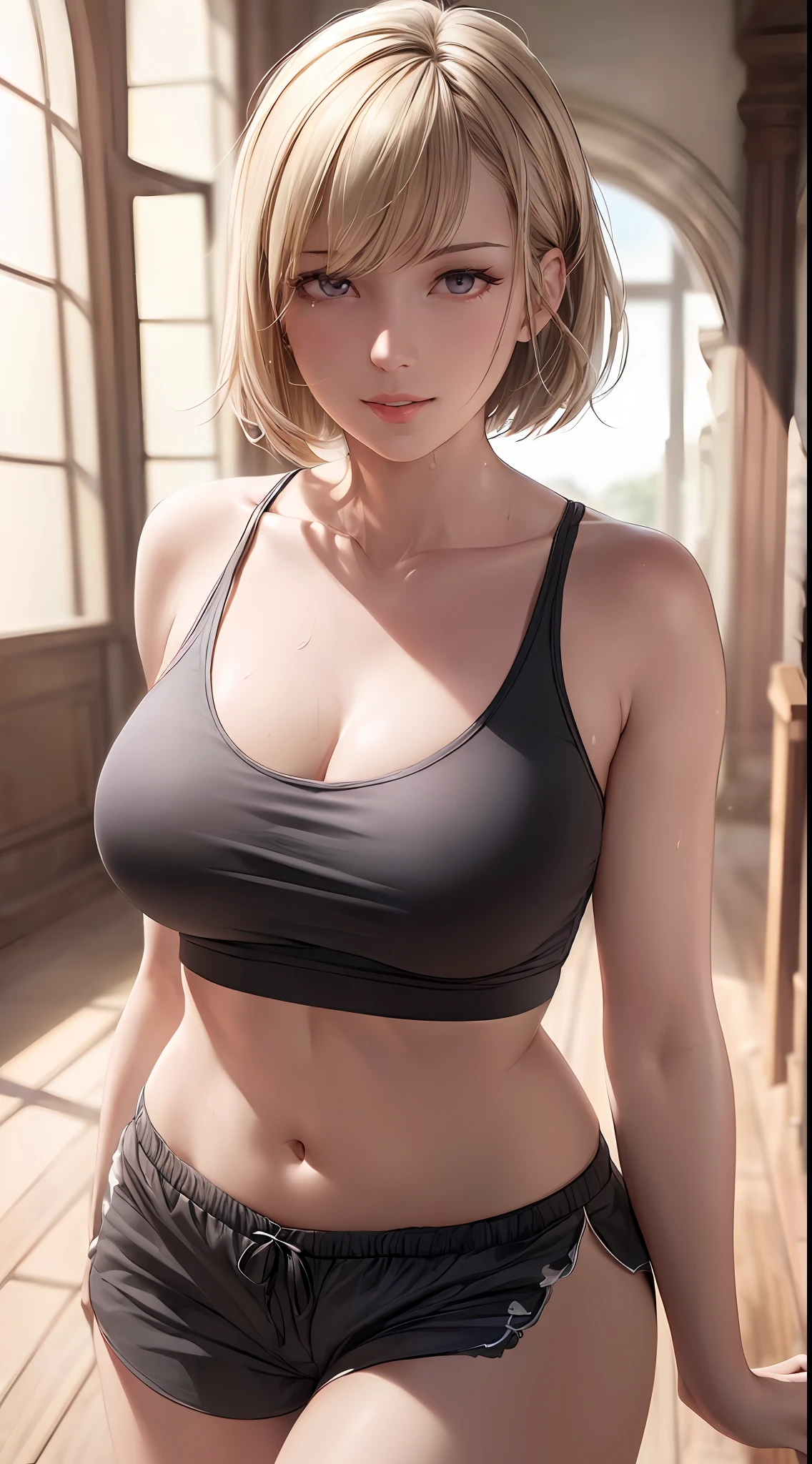 ((((masterpiece, best quality, high resolution)))), Extremely detailed 8K, Beautiful girl with voluptuous body, (Ultra HD, Ultra-detailed, Highly detailed, Highly realistic, Ultra-realistic, photograph realistic), (1girl:1.5), (Realistic white hair), short wavy hair, bob cut, (dynamic poses), facing at camera, light smile, parted lips, purple eyes, average breasts, (beautiful detailed face, beautiful detailed eyes), thin white tank top, black shorts, glow, sweat, (sunbeam, sunlight)