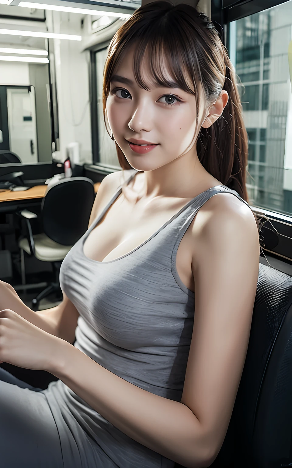 (Sitting posture 1.3),(Facing straight ahead 1.3),(1 girl),(Stock Highlight 1.3),(Tank top 1.3),(Jacket 1.3),(Panties 1.3),Dynamic Angle,Attention to detail,Depth of written boundary,135mm,Textured skin,Super detailed,high quality,Awards,最high quality,High resolution,8K,White skin,Sun light,stylish,Perfect composition,最high quality,Very detailed,masterpiece,Cute face,Big smile,Beauty,Age 35,At the office,Sit on a chair,Tabletop,supreme beauty,masterpiece,