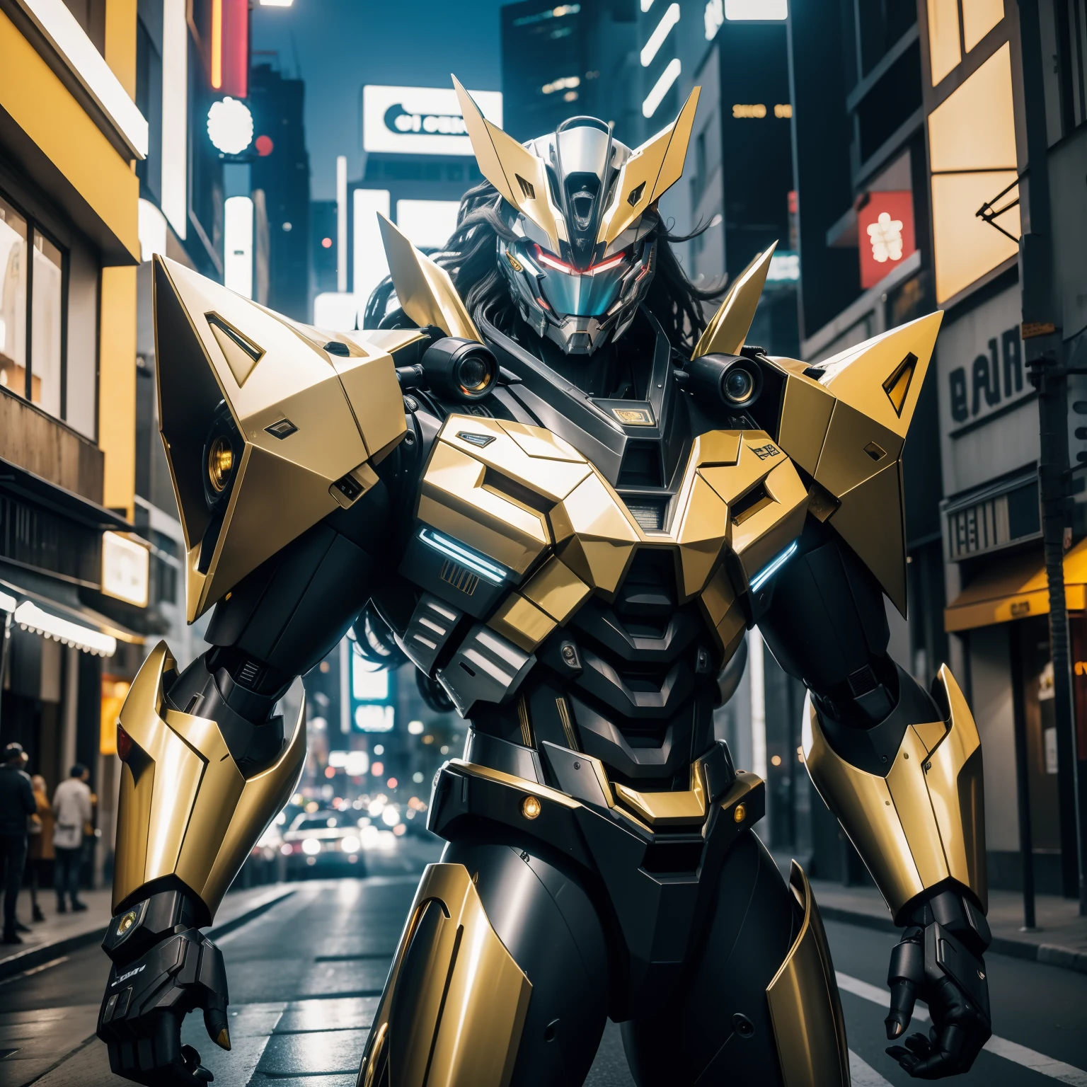 Estilo mecha lobo, na cidade,, dourado, Hora de Ouro, 8 mil, 35 mm, cinemactic,