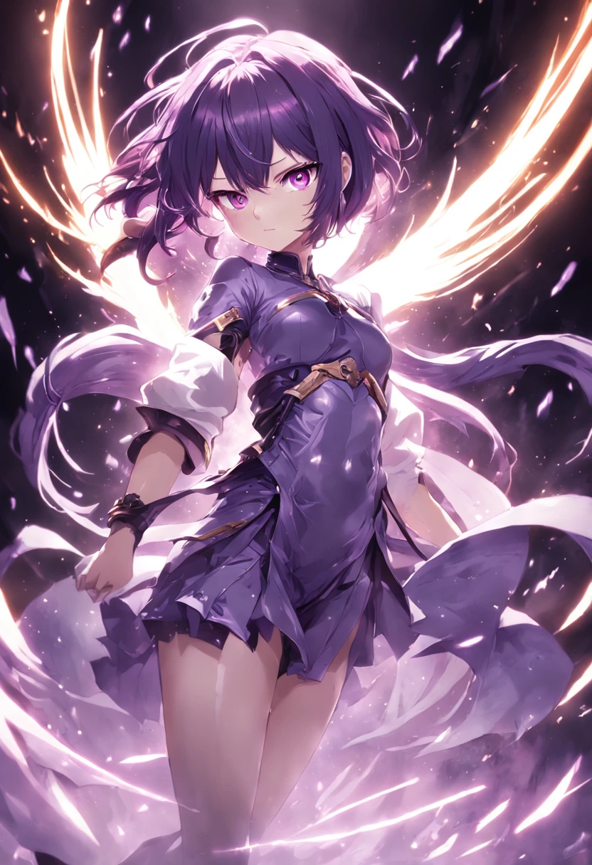 Honkai 3, High-quality illustrations, Beautiful CG graphics, dynamic angle, Dynamic pose, Major female characters, Purple colored hair, Unique costumes, Intense light and shadow effects, Mysterious purple light, Combat special effects, ink wash style, Stunning details, Brilliant special effects, Action-packed scenes.