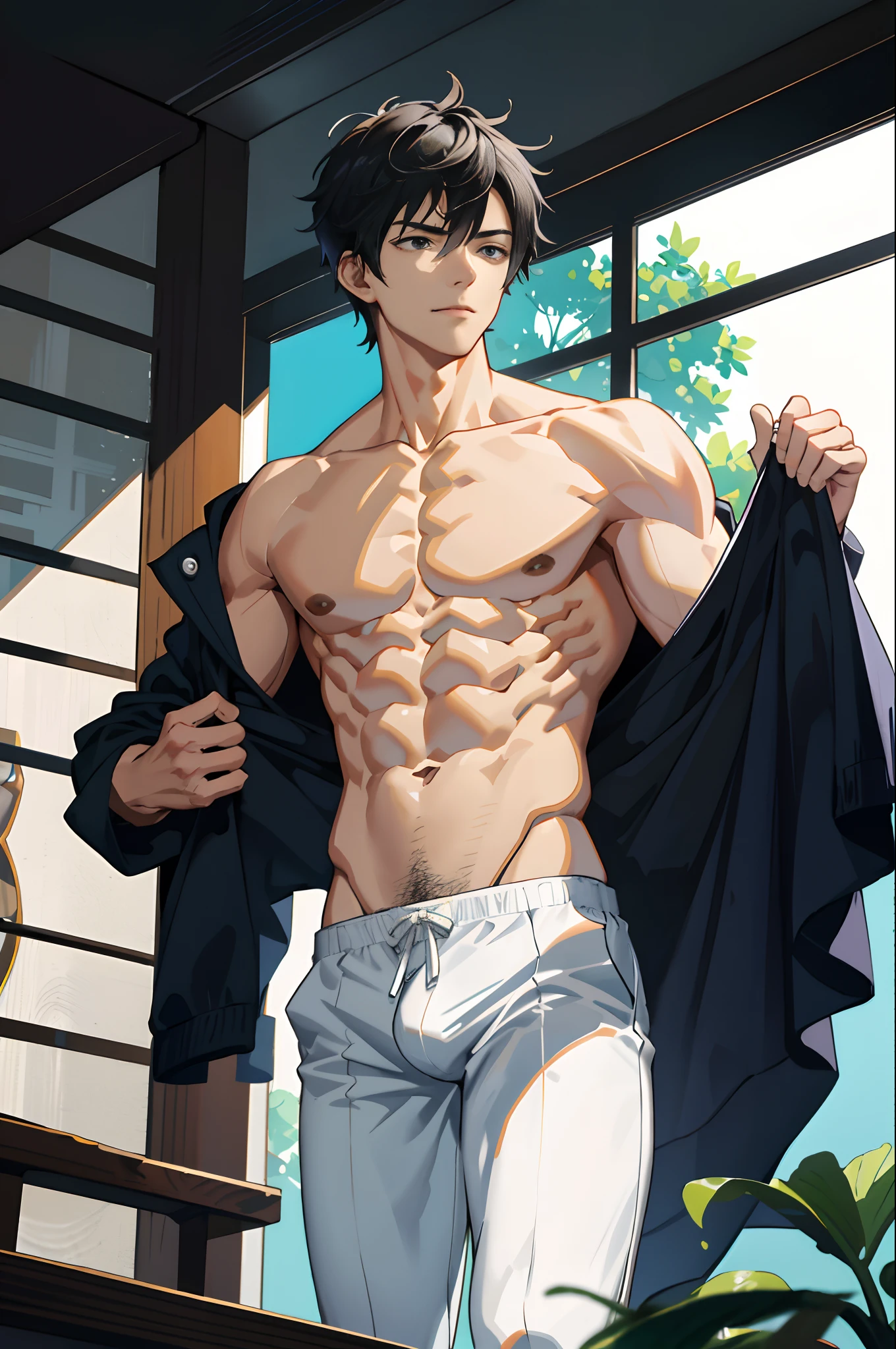 (absurderes, A high resolution, Ultra detailed, hdr), Masterpiece, Best quality, Handsome boy, Detailed face, Abs，Professional photo, The Alafed man is shirtless, Stand comfortably，standing on your feet，whole body picture，upper legs，small thighs，Long legs with their legs open, Focus on your audience,18 year old boy, Handsome boy, [ Firmly defined body ]，with fair skin，The light is even，Smooth shoulders，鎖骨，Short broken hair，Youth，Slim young handsome guy，White  socks，The crotch protrudes，Eight-pack abs，high qulity，high detal，Handsome，Realiy，large bulge，The upper body is naked，浴室， vivd colour， Sexual tension， Grease luster， cinmatic lighting ， wide angles， tmasterpiece， best qualtiy， ultra - detailed， 16k，