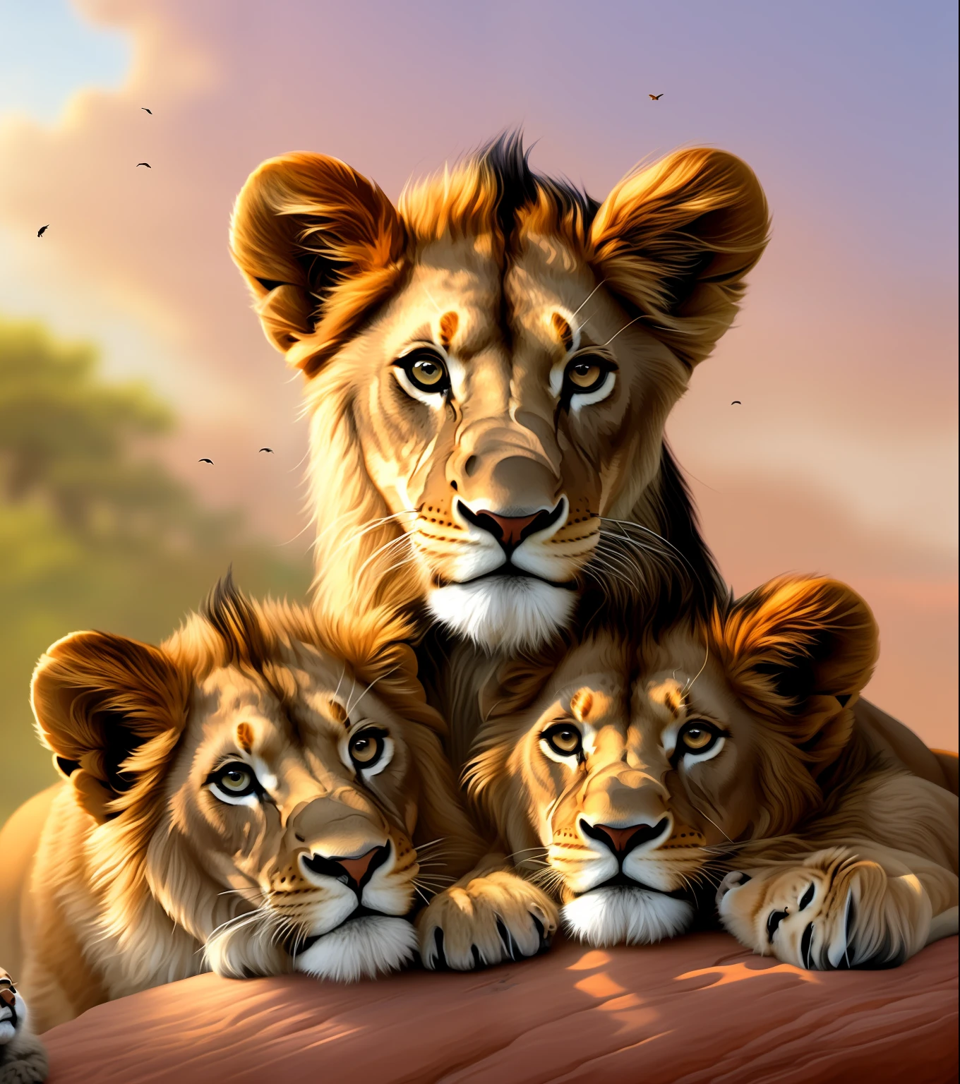 Painting depicting a lion mother and her cubs, vacationers on the rock, adorable digital painting, ultrarealistic illustration, detailed beautiful animals, realistic illustration, lions, digitalpainting, Wildlife illustration, a family portrait, ultrarealistic illustration, close portrait, digital painting highly detailed, amazing art, Brian Thomas, Brothers, highly detailed digital painting, Majesty, High Quality Portrait