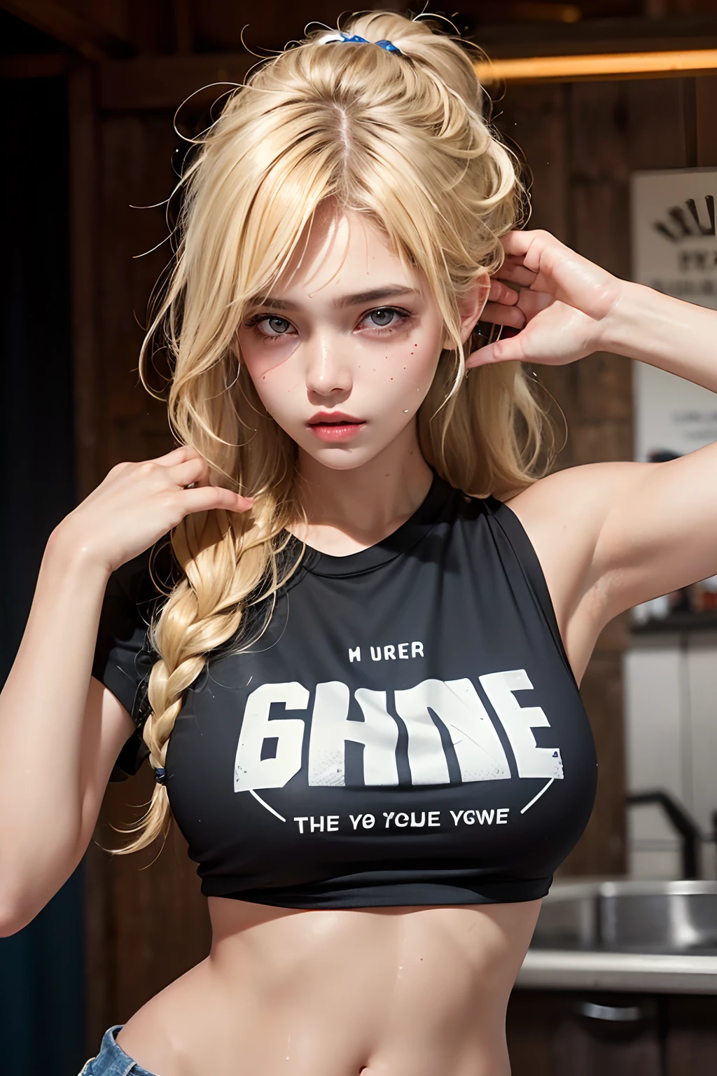 (1girl),large breasts,  breasts, tan, dewy skin, sweaty skin, wavy blonde hair, punk tshirt, punk girl