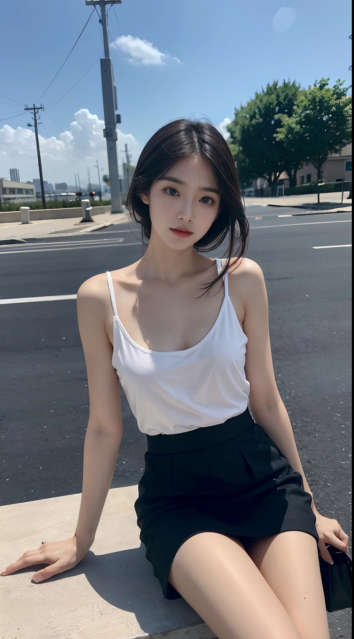 top Quority，Ultra-clear resolution，Clear  eyes，plain face，s the perfect face，White skin，Perfect chest，with perfect legs，Short black skirt，Random environment