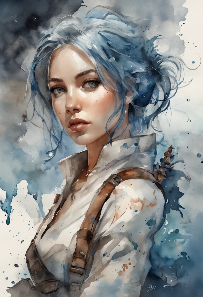 low-up angle, tiro completo, female, hyper realistic, fotografia, cabelos longos, Armadura, floating in the space, labrador, curious expression, apocalyptic environment, official full-body art;, Unity 8k papel de parede, ultra detalhado, Beautiful and Aesthetic, master part, melhor qualidade, Zemaranhar, mandala, emaranhado, emaranhar, extremamente detalhado, Dynamic angle, elegante, Atmospheric, ecstasy of life, messy short blue hair