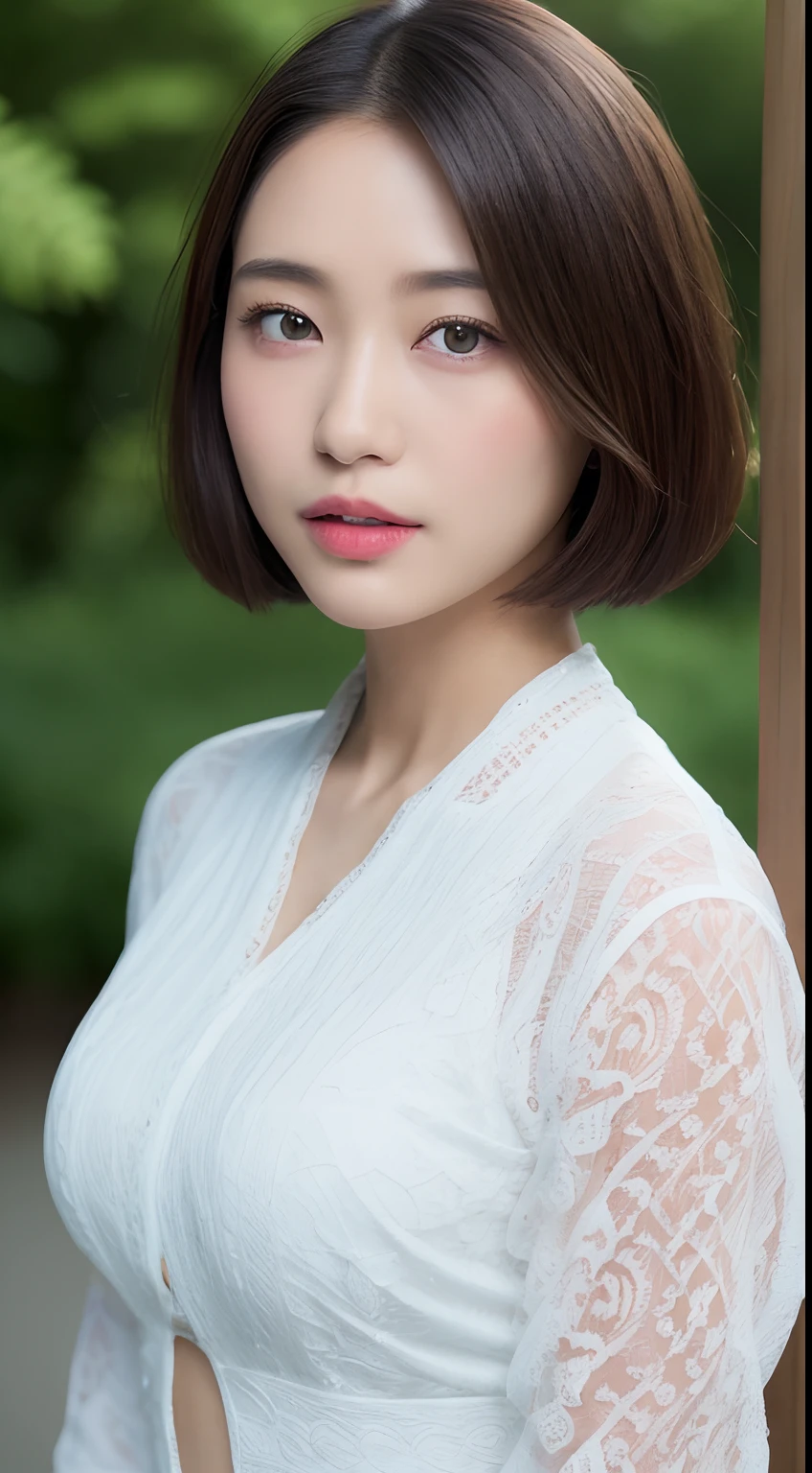 ((top-quality、8K、Super masterpiece:1.3))、SLR camera、realskin、1人、Ultimate Beauty、Beautiful woman with slender abs:1.3、(Very short hair、爆乳:1.2)、Long Sleeve Lace Shirt:1.1、hyperdetailed face、ultradetailed eyes、Ultra-detailed body、Double eyelid hands on face、