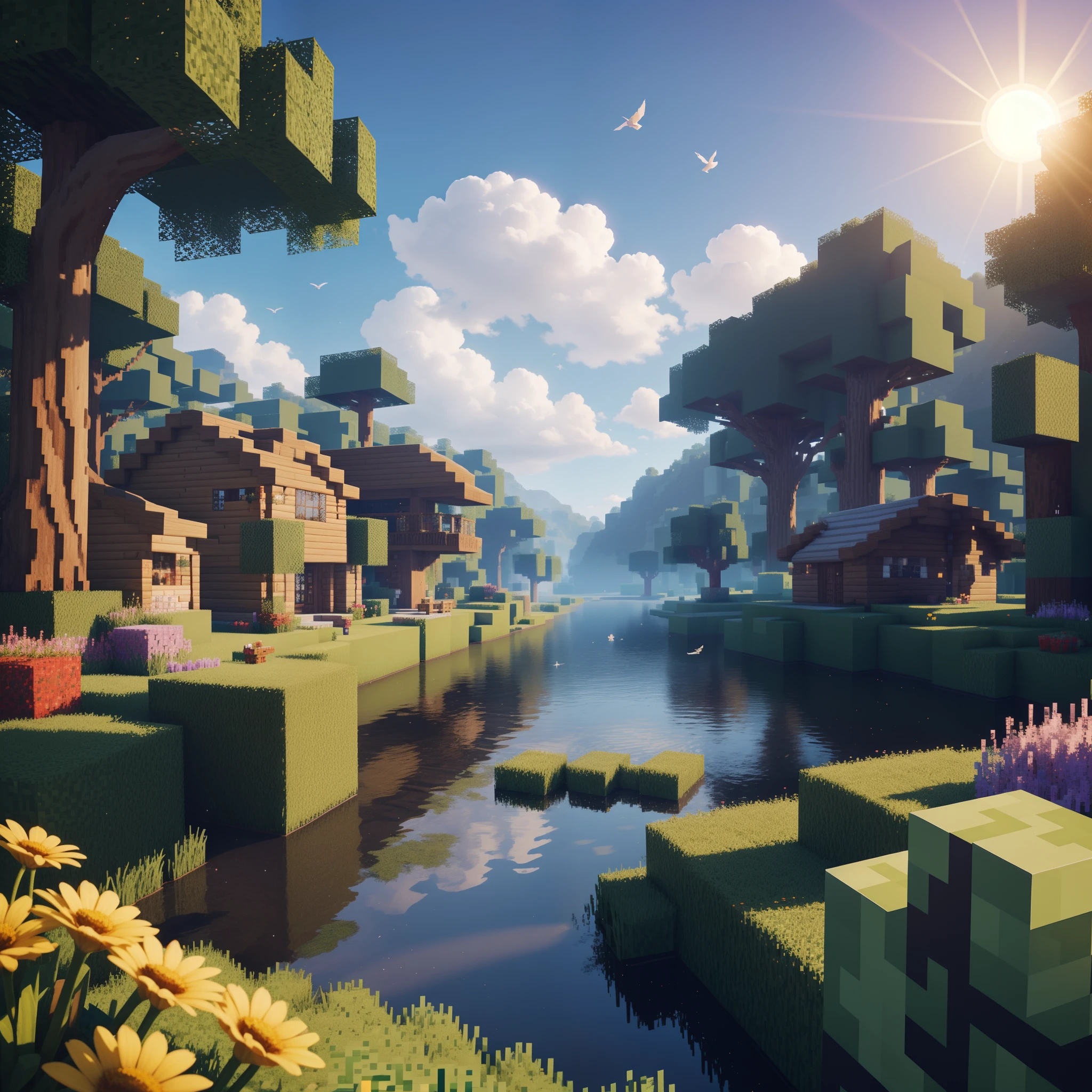 Welcome to the world of Minecraft with its captivating and charmingly simple pixel atmosphere. As you step into this world, you'll be mesmerized by the colorful scenery of pixel blocks forming the environment around you.
The bright blue sky adorns the heavens, with soft white clouds gently drifting in the distance. The sunlight illuminates the land and trees with warm colors, creating a comfortable and peaceful ambiance.
As the sun starts to set, the sky transforms into beautiful shades of orange and purple. Glittering pixel stars begin to appear one by one, adding enchantment to the night sky.
You walk amidst pixelated fields, surrounded by charming creatures that may look simple but exude their own unique charm. Some pixelated wolves play around, while pixel birds chirp happily in nearby trees.
Occasionally, you hear the gentle sound of flowing water, signaling the presence of a river or lake not far from where you stand. You feel the urge to explore and get a closer look at the natural wonders around you.
With a stack of simple blocks, you can build a humble yet charming pixel home. Perhaps a wooden cabin in the middle of the forest or a small hut atop a hill. The choices are only limited by your imagination.
In this simple pixel atmosphere, you experience peace and wonder in every corner of the Minecraft world. You don't need complex graphics to feel the joy and creativity as you embark on your adventure. Enjoy the magic of the pixel world within the game of Minecraft!