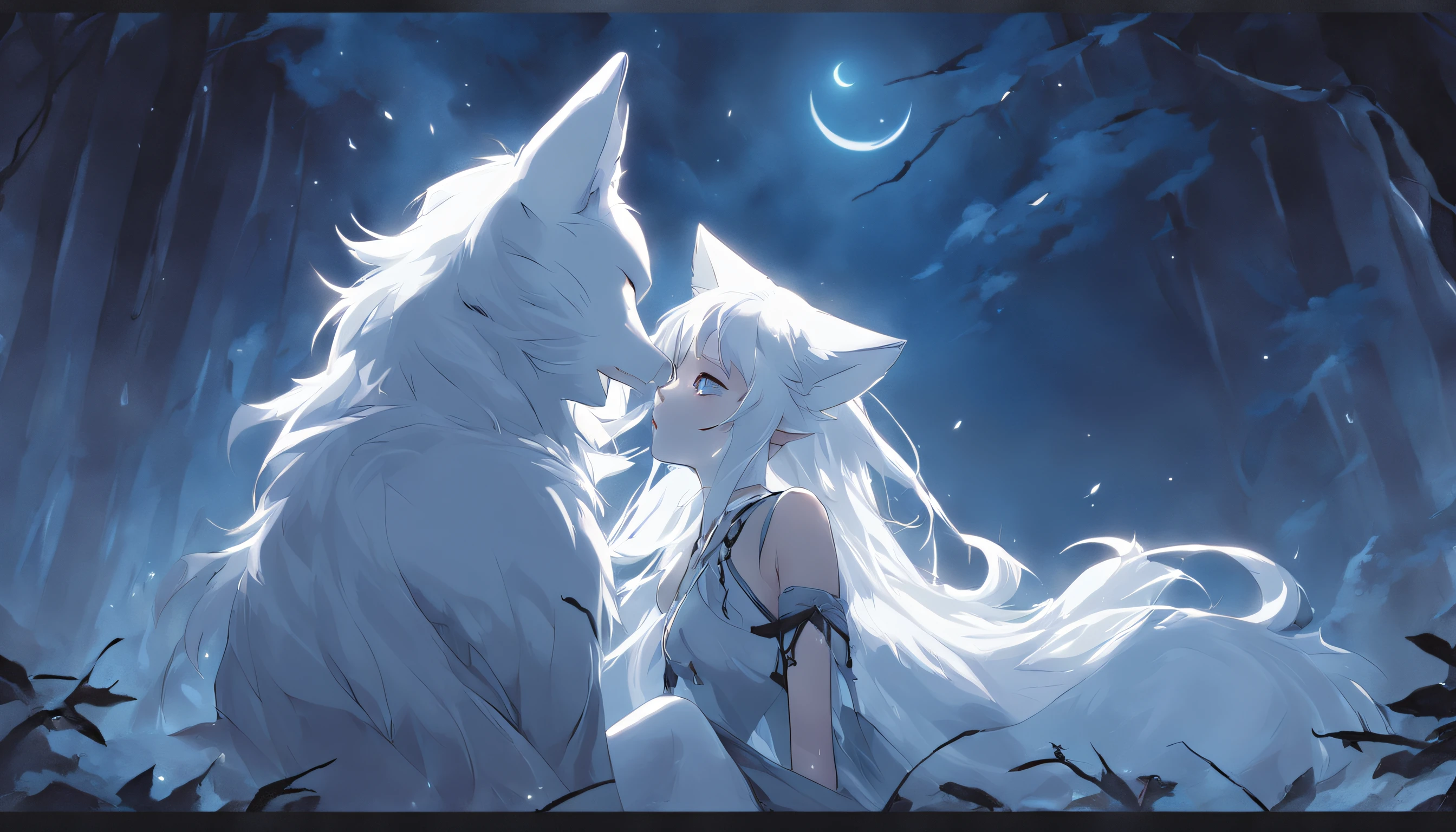 (Next to the anime girl with white fur fox ears before the full moon is a huge white nine-tailed fox:1.5), fantasy fox love, White-haired fox, white fox anime, Anime fantasy illustration,(dark forest background,Blue transparent smoke surrounds:1.8), art of silverfox,Best quality, Masterpiece, 超高分辨率, (photograph realistic:1.4), ultra-realistic realism, Dream-like,fusionart, Shadowdancer, shadow magic, Darkness, stealth, shadowstep, umbral spells,